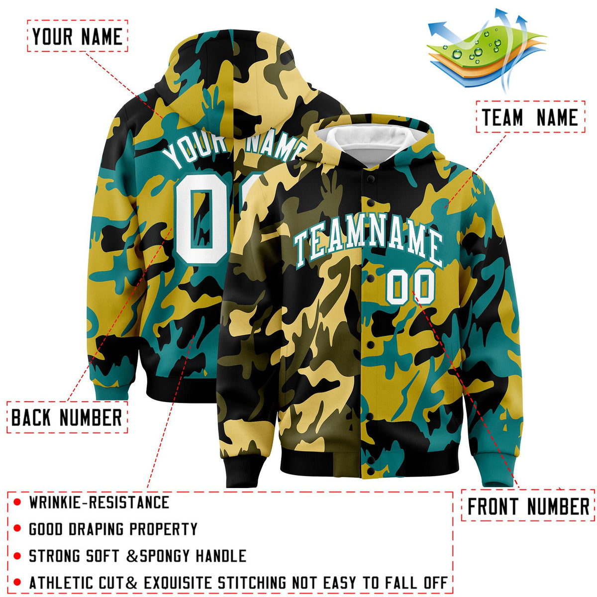 Custom Black Aqua Full-Snap Varsity Two Tone Personalized Letterman Camo Jacket Hoodie| KXKSHOP