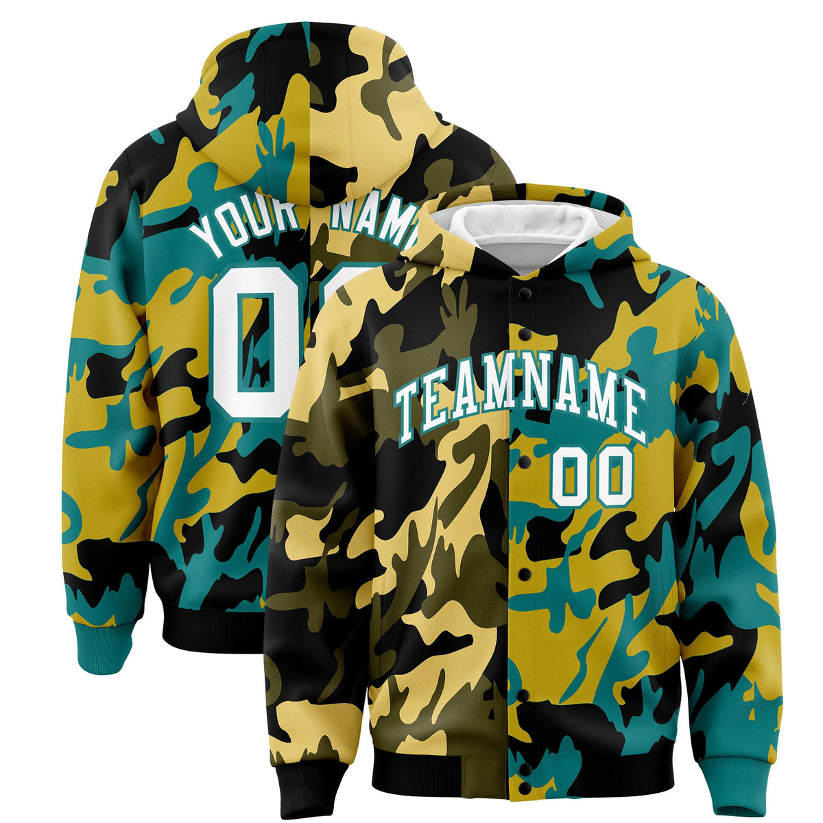 Custom Black Aqua Full-Snap Varsity Two Tone Personalized Letterman Camo Jacket Hoodie| KXKSHOP