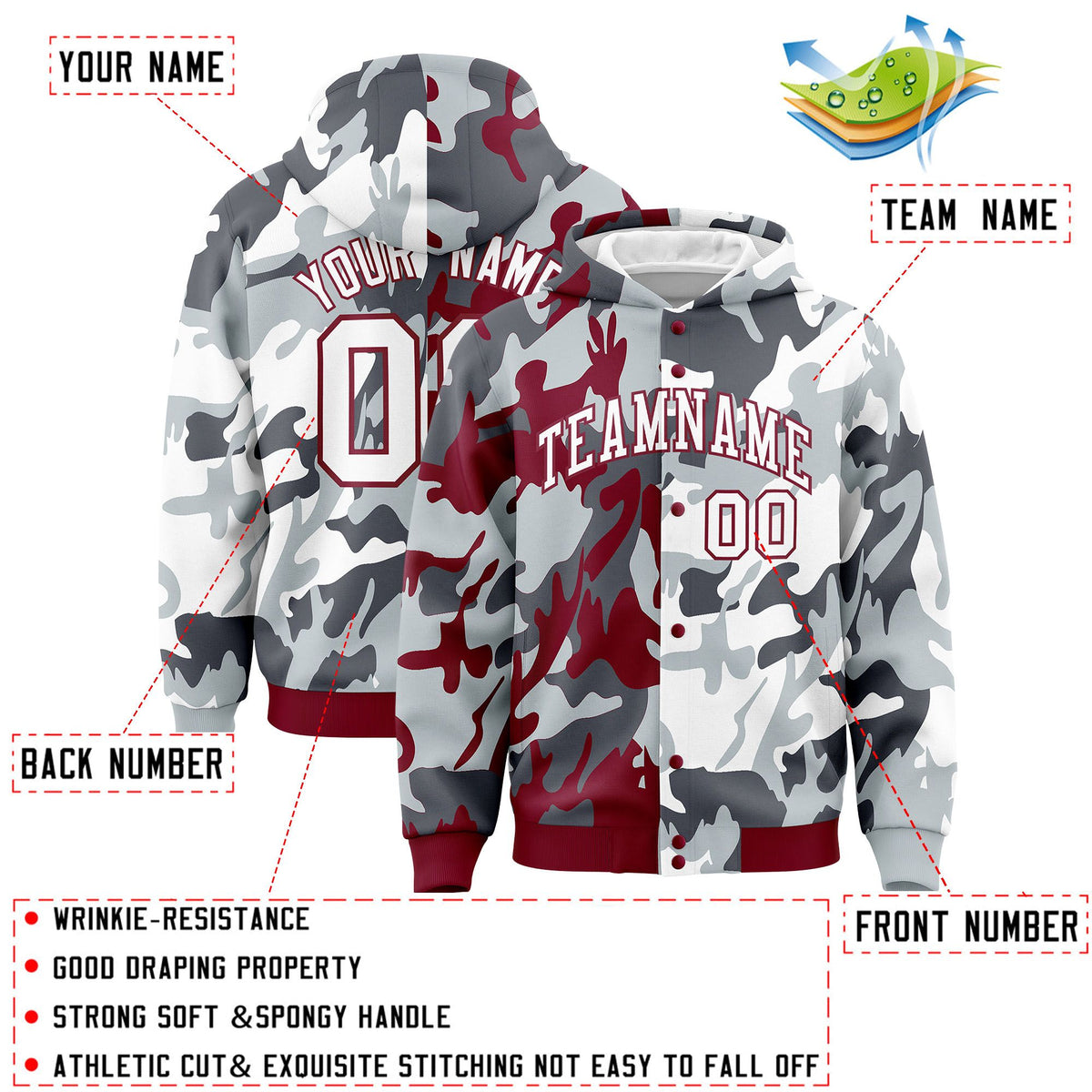 Custom Crimson Silver Full-Snap Varsity Two Tone Personalized Letterman Camo Jacket Hoodie| KXKSHOP