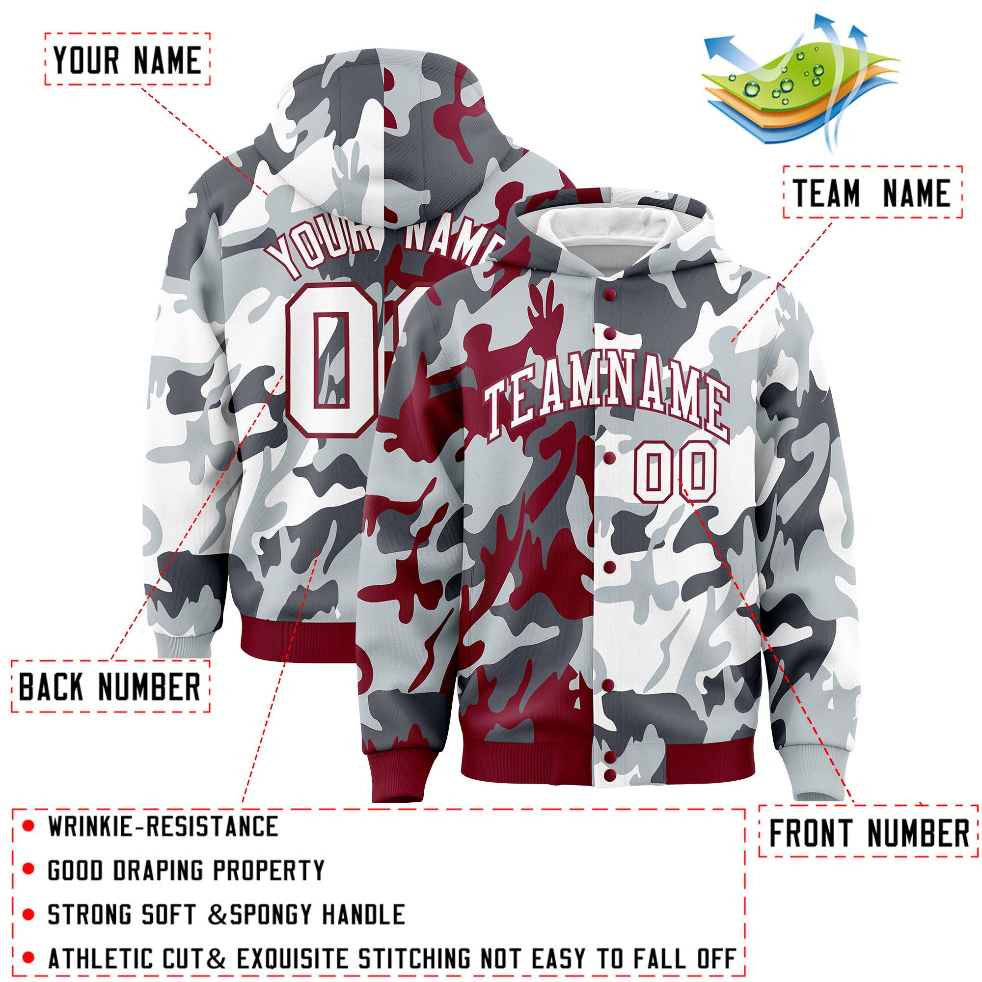 Custom Crimson Silver Full-Snap Varsity Two Tone Personalized Letterman Camo Jacket Hoodie| KXKSHOP