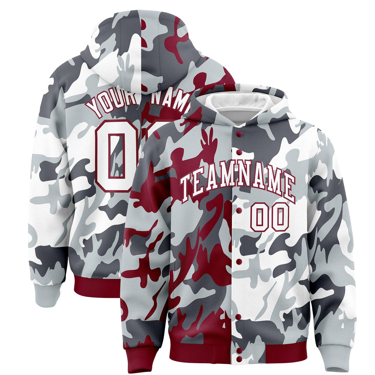 Custom Crimson Silver Full-Snap Varsity Two Tone Personalized Letterman Camo Jacket Hoodie| KXKSHOP