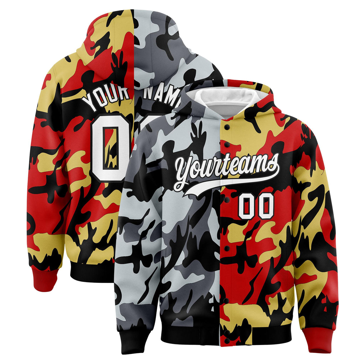 Custom Black Red Full-Snap Varsity Two Tone Personalized Letterman Camo Jacket Hoodie| KXKSHOP