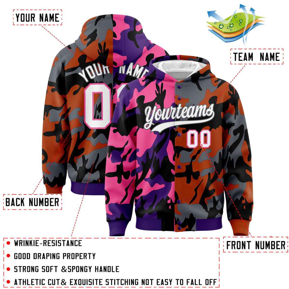 Custom Purple Texas Orange Full-Snap Varsity Two Tone Personalized Letterman Camo Jacket Hoodie| KXKSHOP