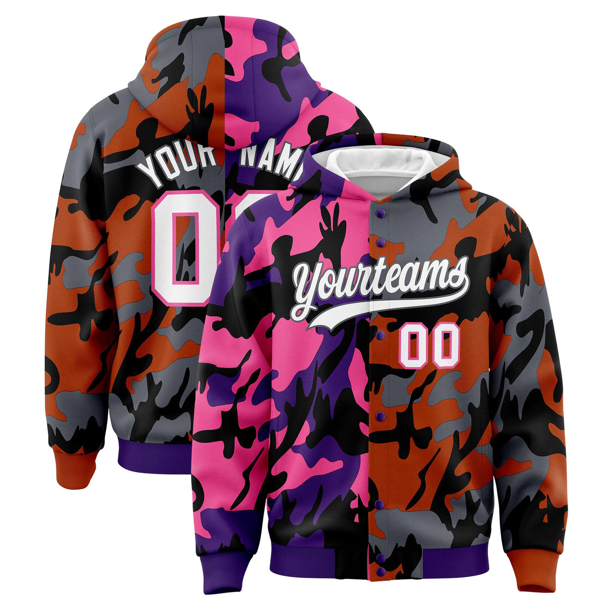 Custom Purple Texas Orange Full-Snap Varsity Two Tone Personalized Letterman Camo Jacket Hoodie| KXKSHOP