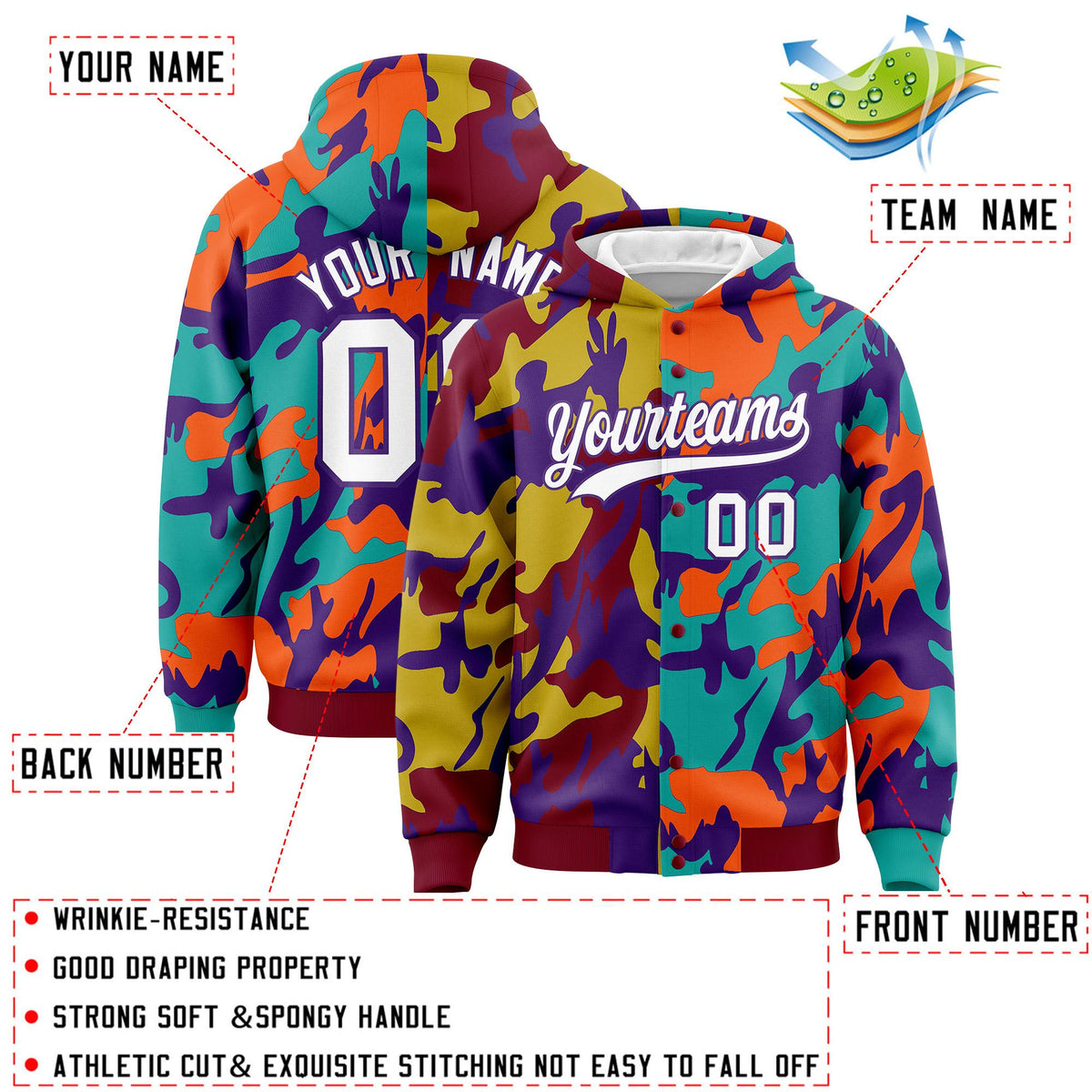 Custom Crimson Aqua Full-Snap Varsity Two Tone Personalized Letterman Camo Jacket Hoodie| KXKSHOP