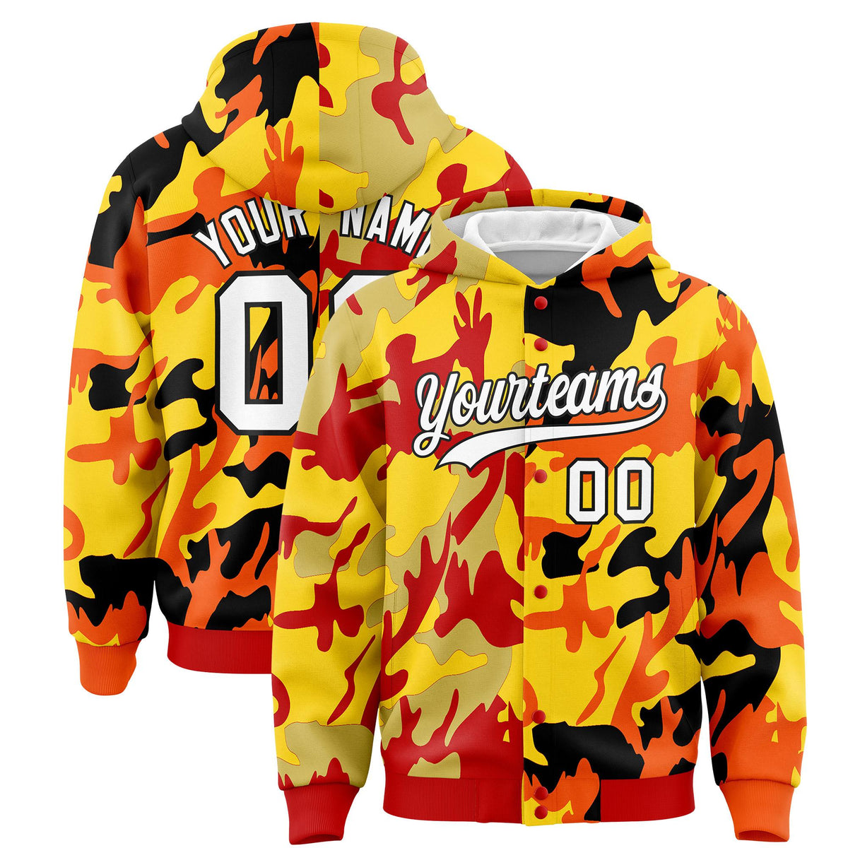 Custom Red Orange Full-Snap Varsity Two Tone Personalized Letterman Camo Jacket Hoodie| KXKSHOP