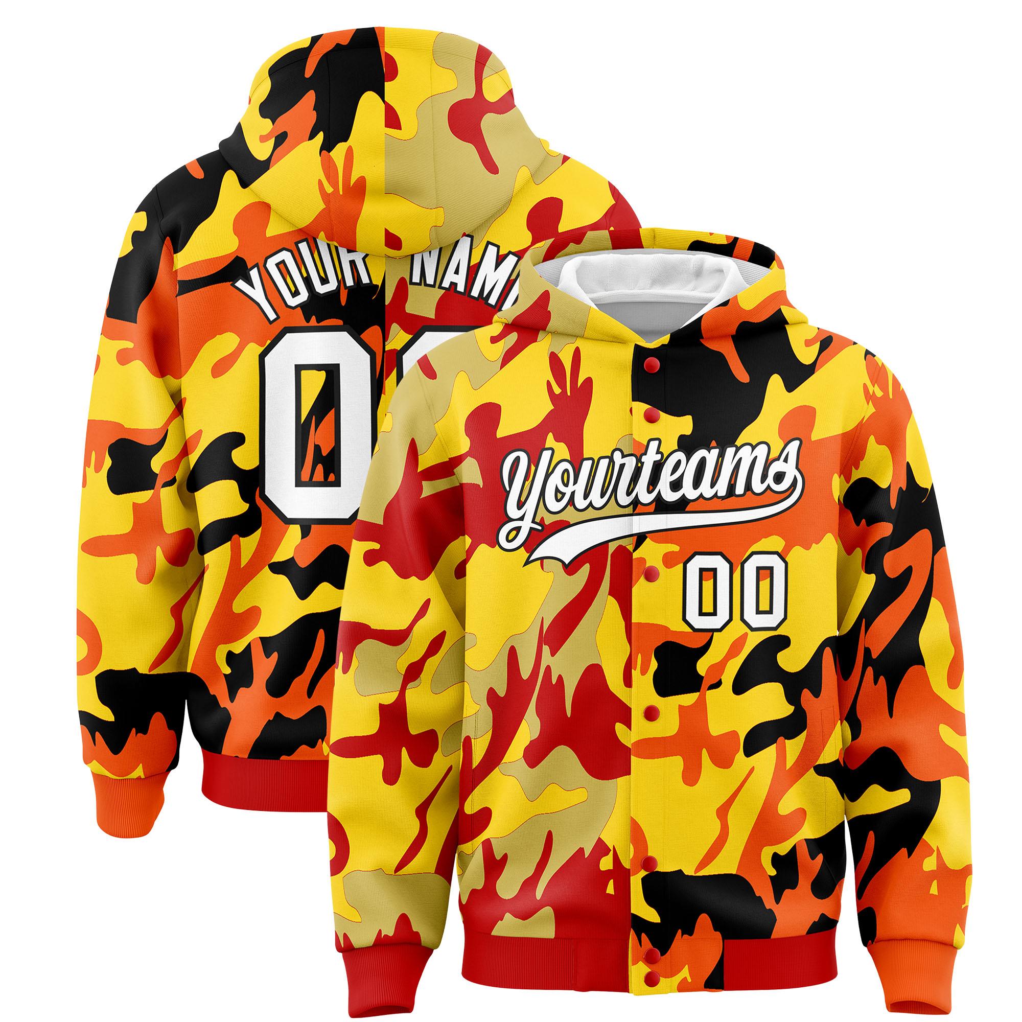 Custom Red Orange Full-Snap Varsity Two Tone Personalized Letterman Camo Jacket Hoodie| KXKSHOP