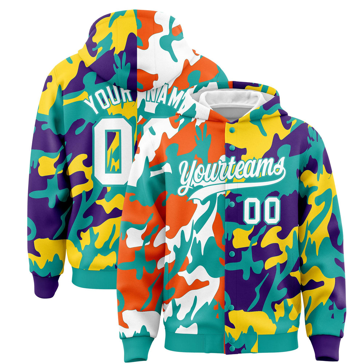 Custom Aqua Purple Full-Snap Varsity Two Tone Personalized Letterman Camo Jacket Hoodie| KXKSHOP