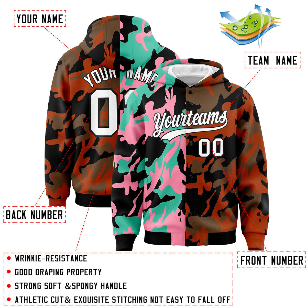 Custom Black Texas Orange Full-Snap Varsity Two Tone Personalized Letterman Camo Jacket Hoodie| KXKSHOP