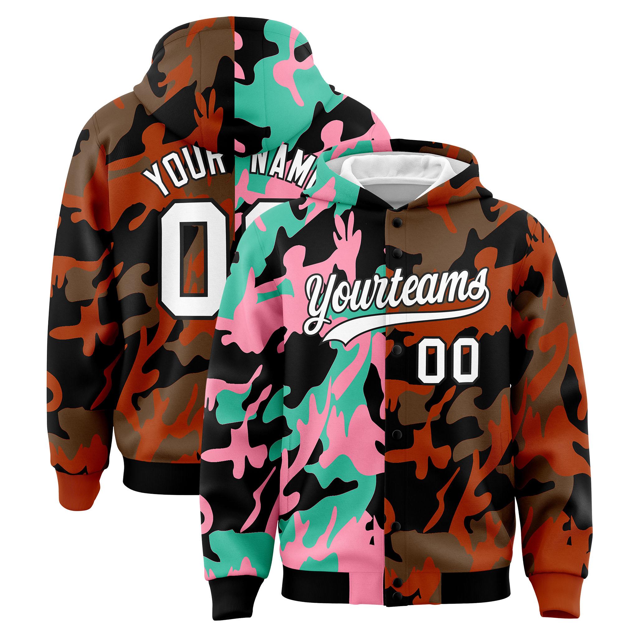 Custom Black Texas Orange Full-Snap Varsity Two Tone Personalized Letterman Camo Jacket Hoodie| KXKSHOP