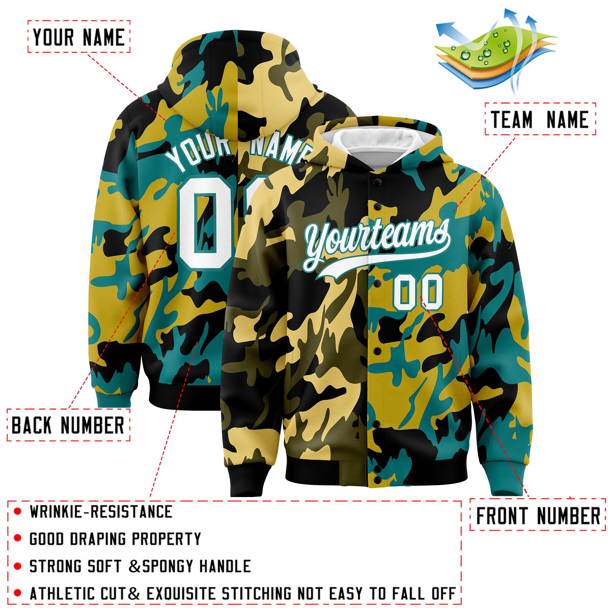 Custom Black Aqua Full-Snap Varsity Two Tone Personalized Letterman Camo Jacket Hoodie| KXKSHOP