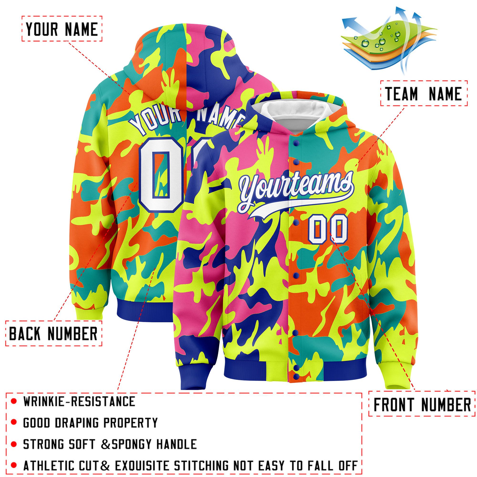 Custom Royal Green Full-Snap Varsity Two Tone Personalized Letterman Camo Jacket Hoodie| KXKSHOP