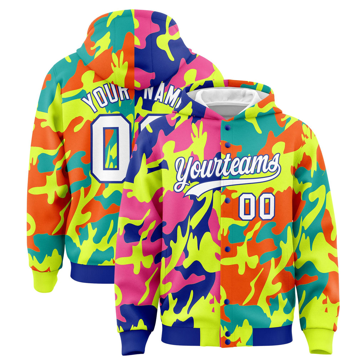 Custom Royal Green Full-Snap Varsity Two Tone Personalized Letterman Camo Jacket Hoodie| KXKSHOP