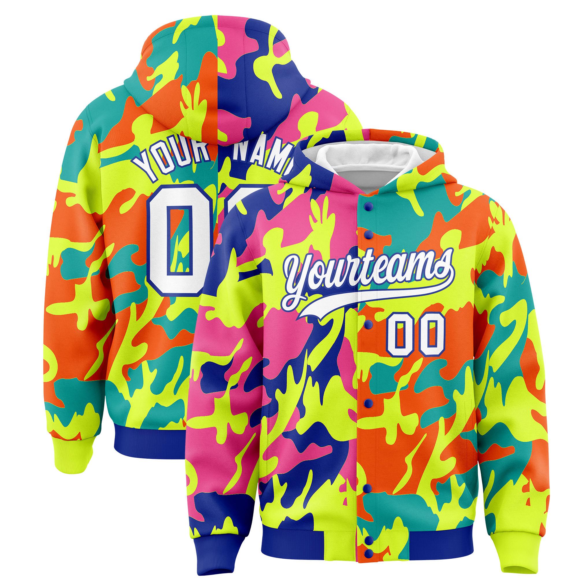 Custom Royal Green Full-Snap Varsity Two Tone Personalized Letterman Camo Jacket Hoodie| KXKSHOP