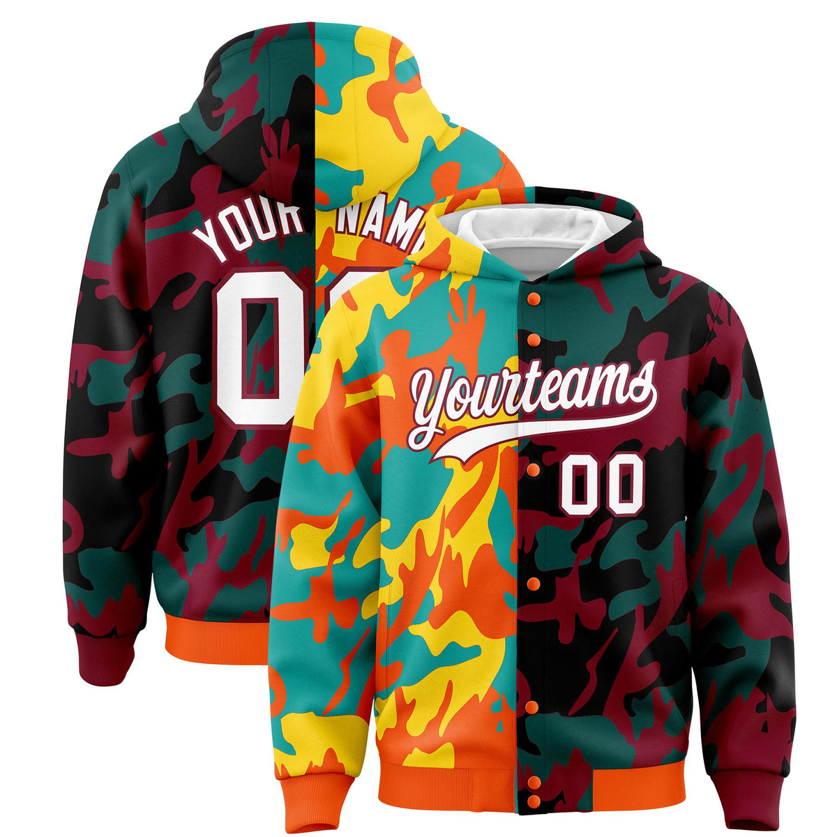 Custom Orange Crimson Full-Snap Varsity Two Tone Personalized Letterman Camo Jacket Hoodie| KXKSHOP