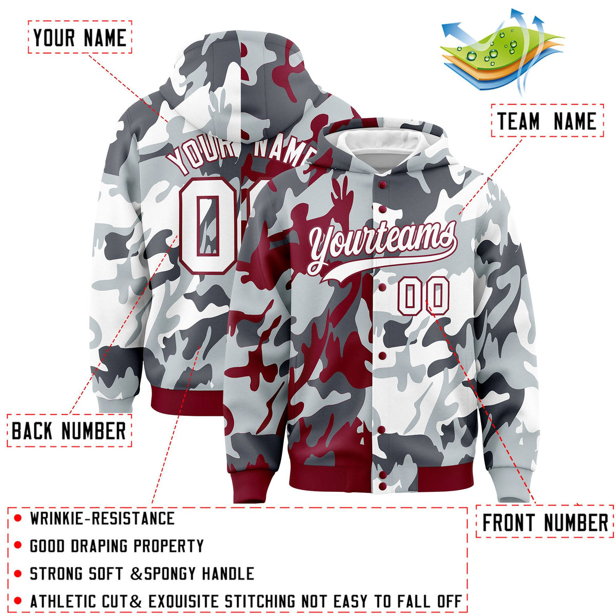 Custom Crimson Silver Full-Snap Varsity Two Tone Personalized Letterman Camo Jacket Hoodie| KXKSHOP