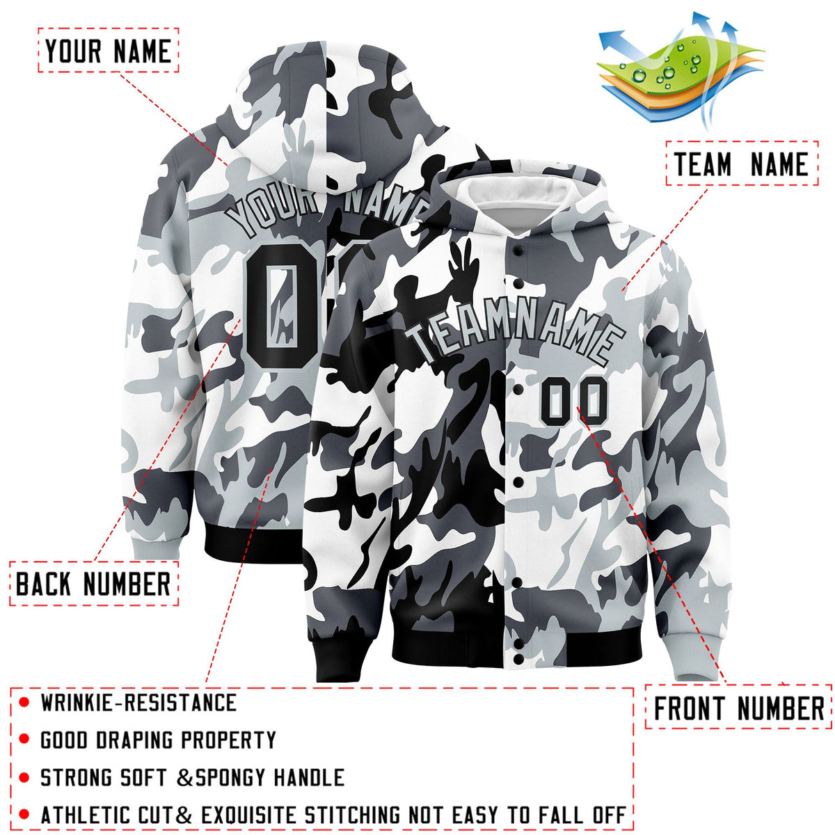 Custom Black Silver Full-Snap Varsity Two Tone Personalized Letterman Camo Jacket Hoodie| KXKSHOP