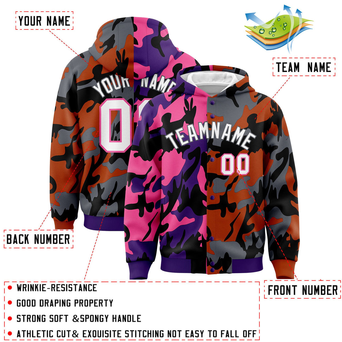 Custom Purple Texas Orange Full-Snap Varsity Two Tone Personalized Letterman Camo Jacket Hoodie| KXKSHOP