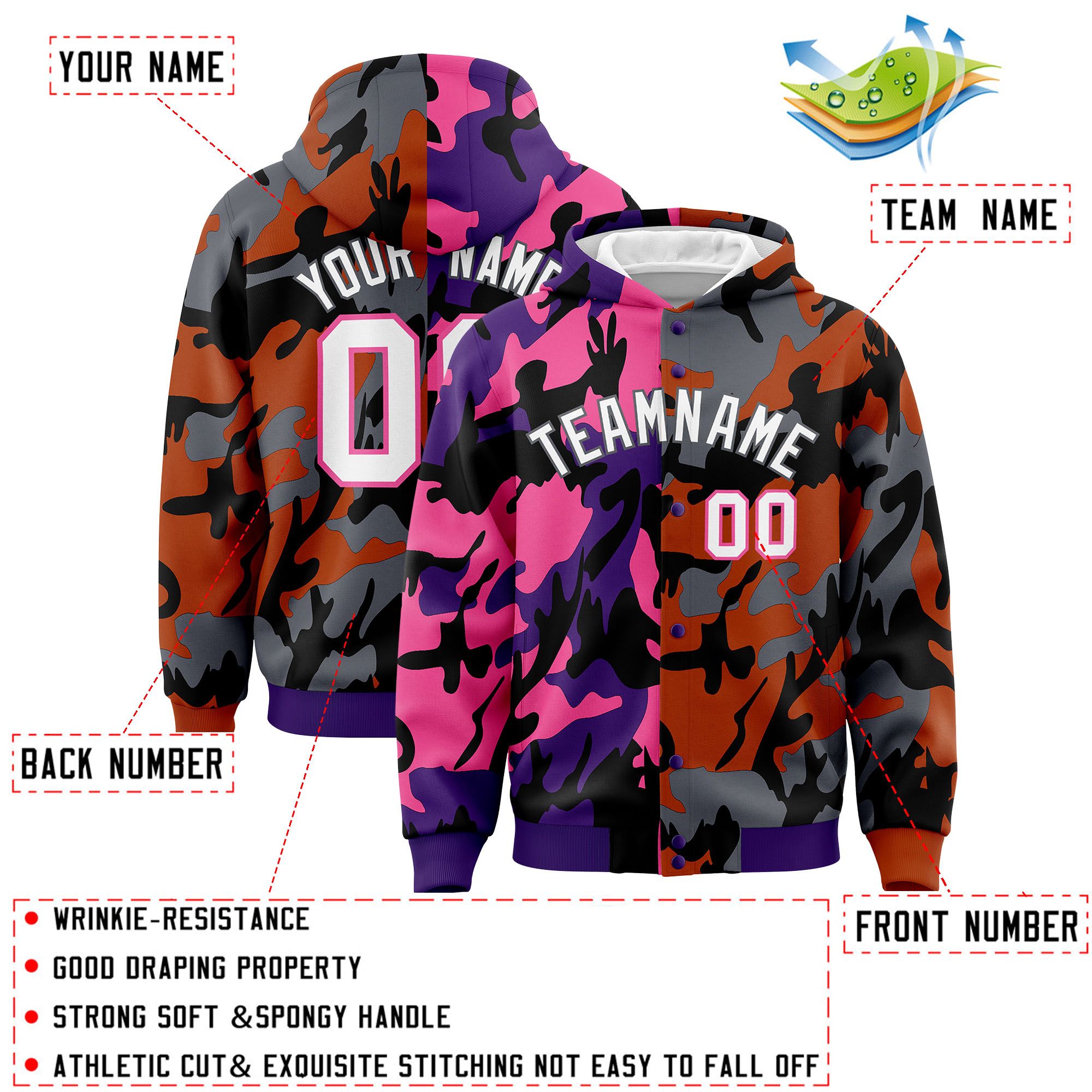 Custom Purple Texas Orange Full-Snap Varsity Two Tone Personalized Letterman Camo Jacket Hoodie| KXKSHOP