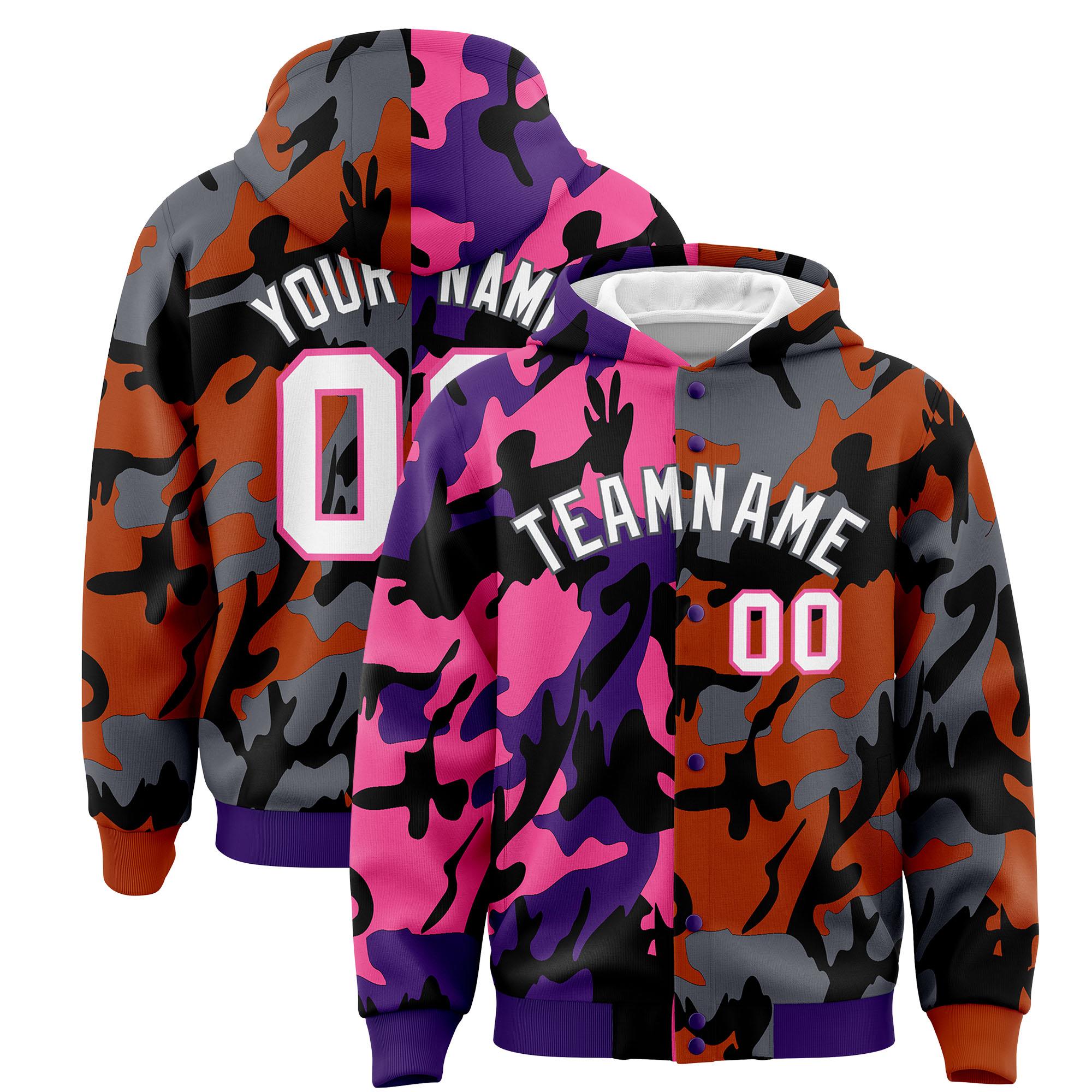 Custom Purple Texas Orange Full-Snap Varsity Two Tone Personalized Letterman Camo Jacket Hoodie| KXKSHOP
