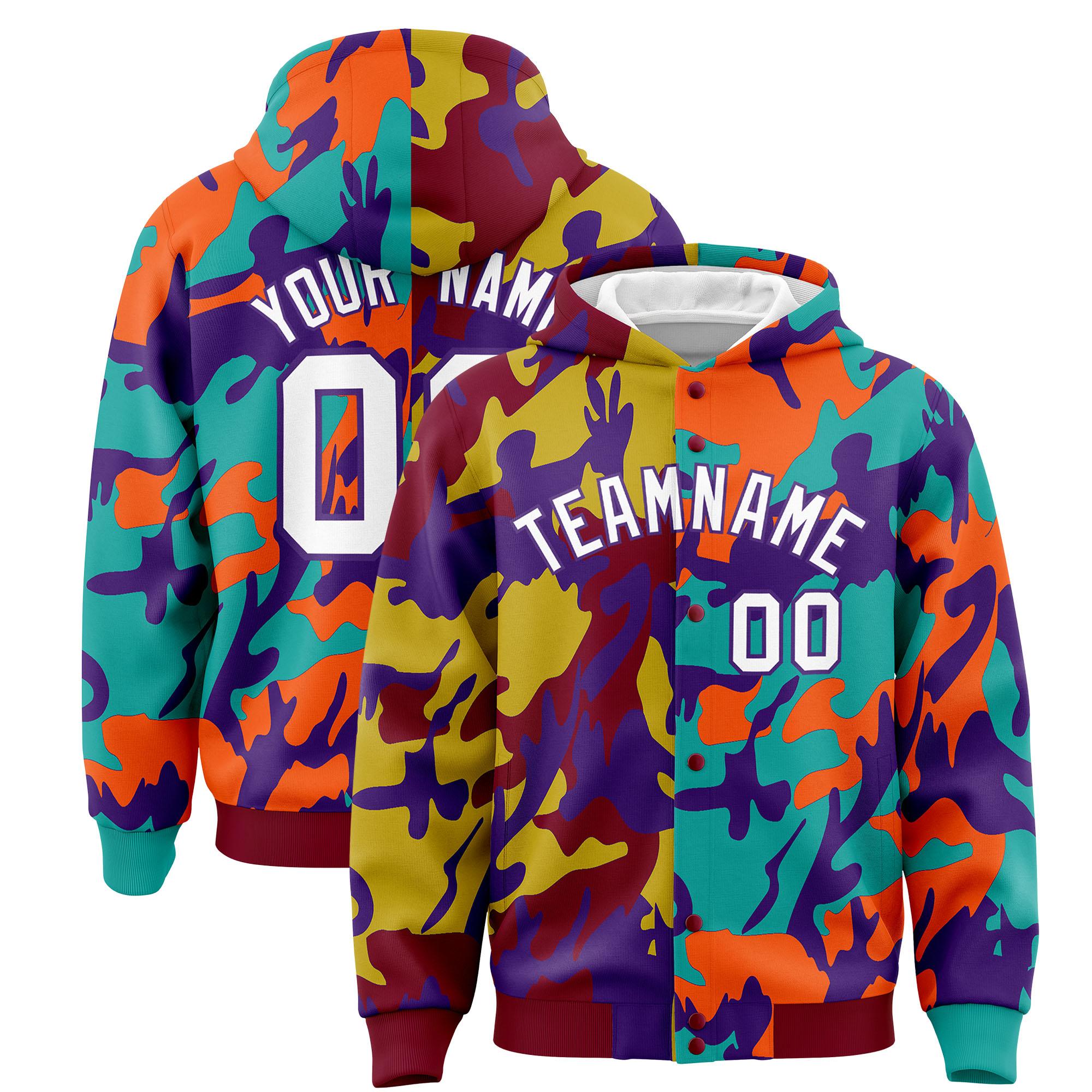 Custom Crimson Aqua Full-Snap Varsity Two Tone Personalized Letterman Camo Jacket Hoodie| KXKSHOP