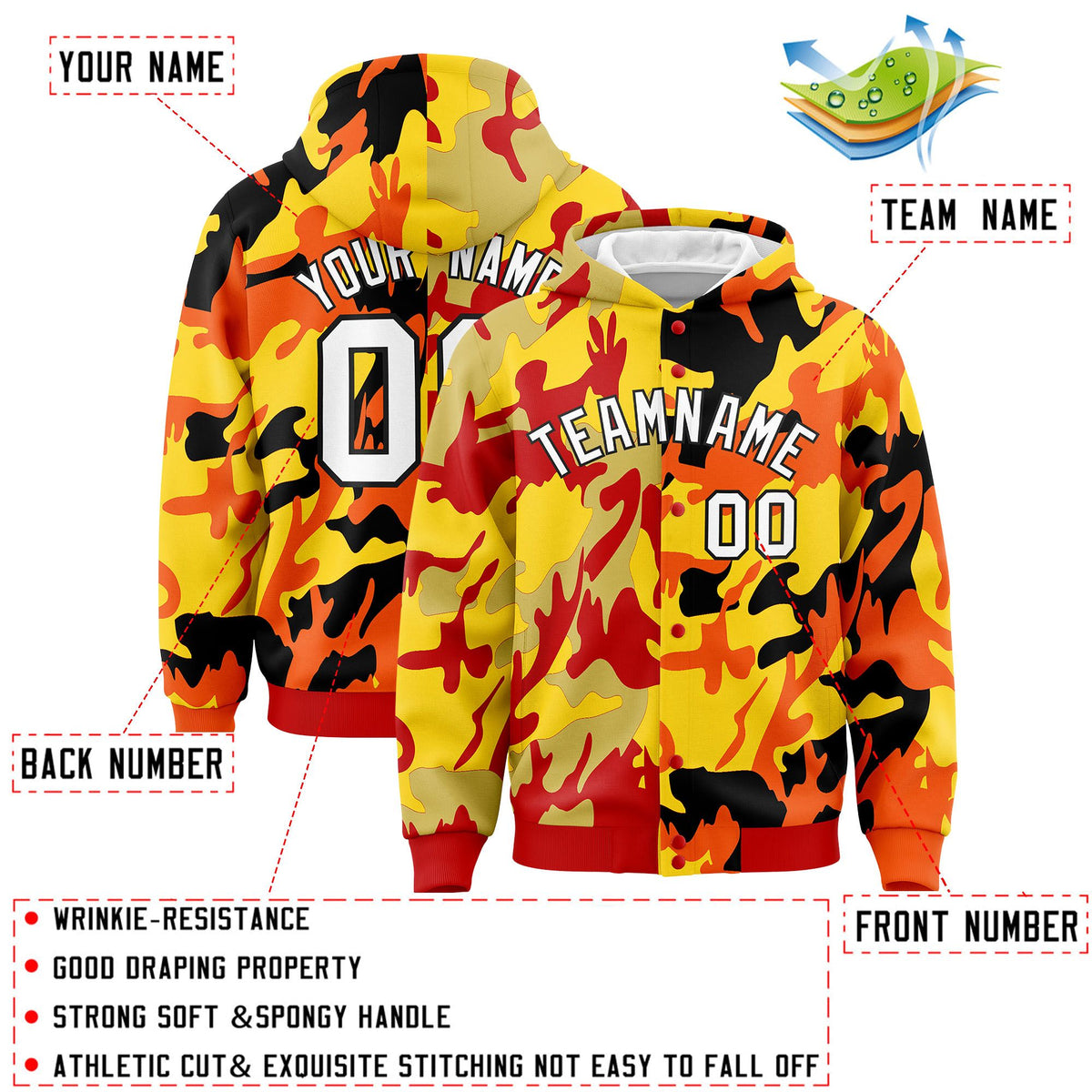 Custom Red Orange Full-Snap Varsity Two Tone Personalized Letterman Camo Jacket Hoodie| KXKSHOP