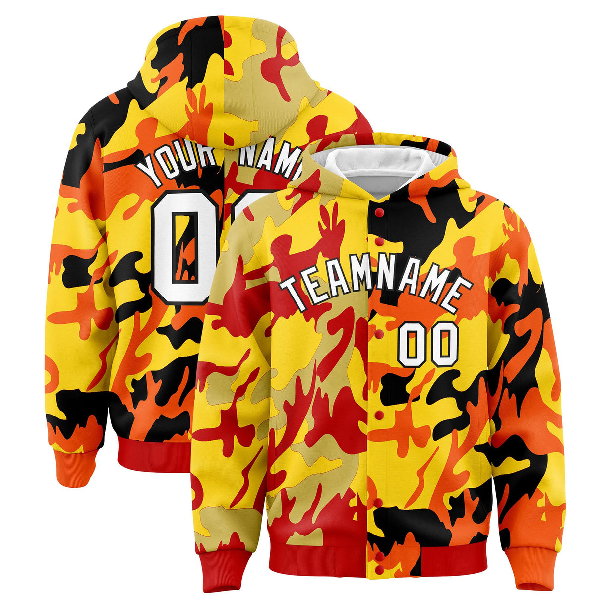 Custom Red Orange Full-Snap Varsity Two Tone Personalized Letterman Camo Jacket Hoodie| KXKSHOP