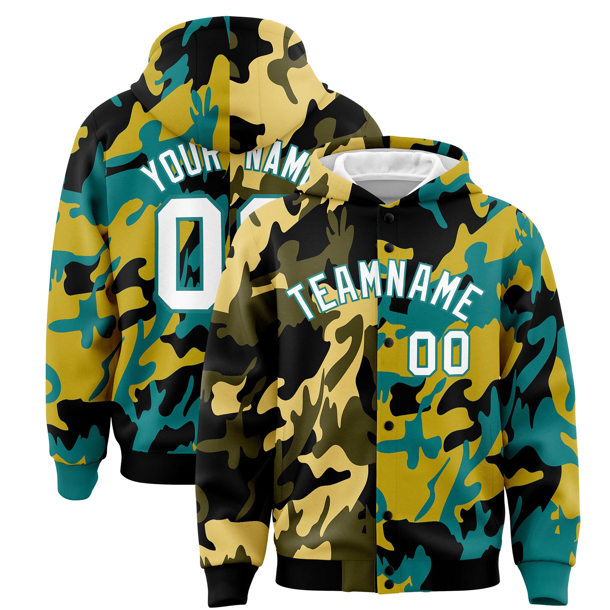 Custom Black Aqua Full-Snap Varsity Two Tone Personalized Letterman Camo Jacket Hoodie| KXKSHOP