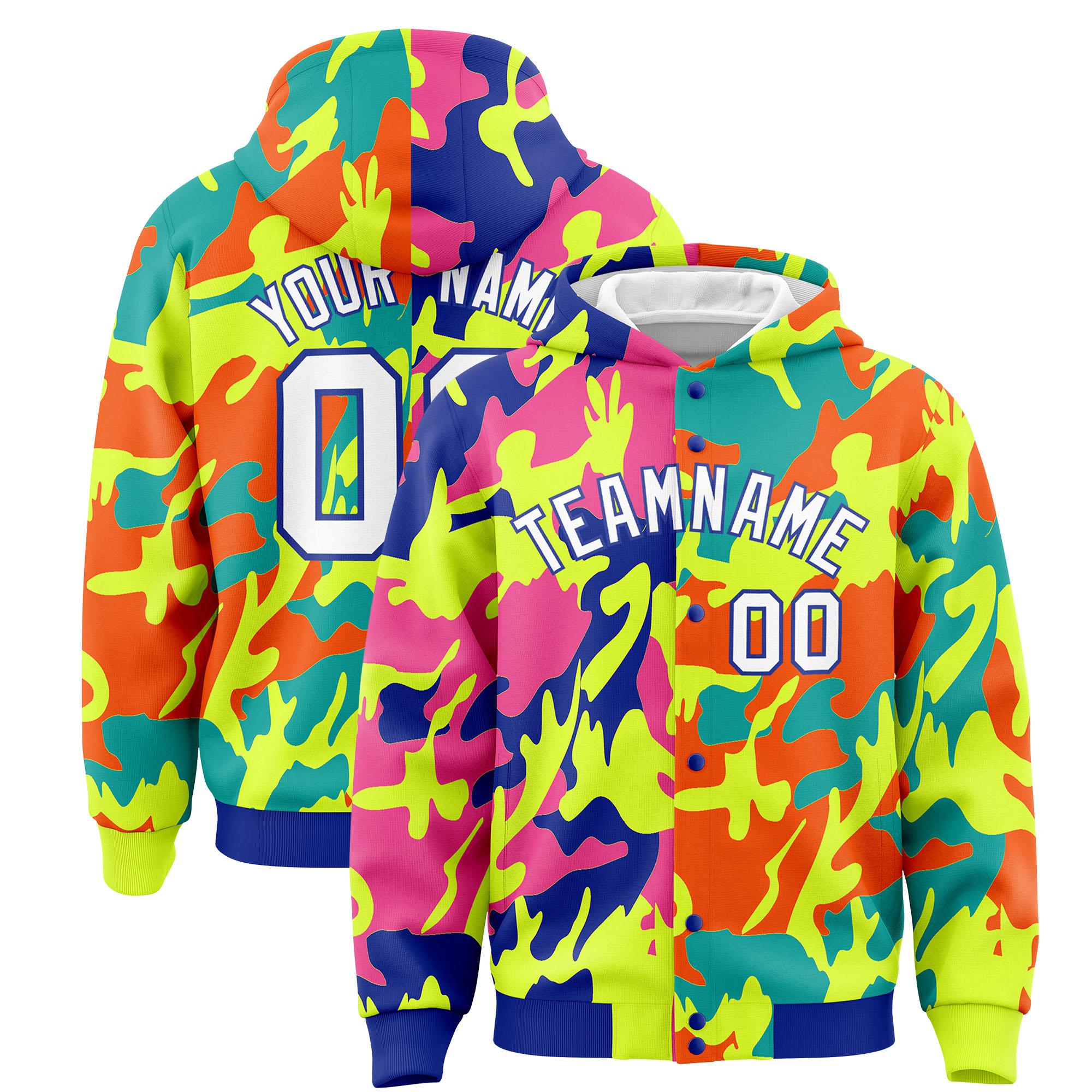 Custom Royal Green Full-Snap Varsity Two Tone Personalized Letterman Camo Jacket Hoodie| KXKSHOP