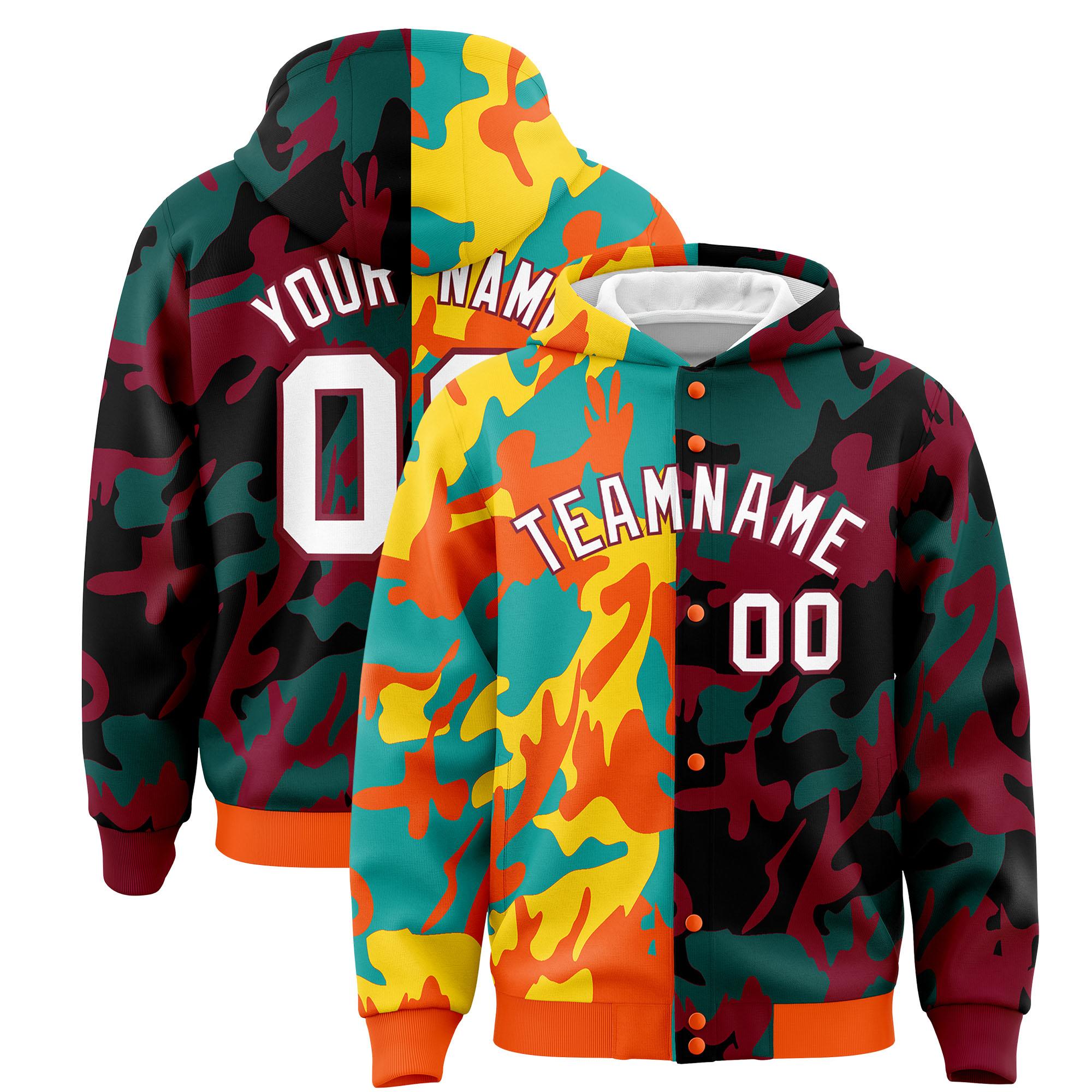 Custom Orange Crimson Full-Snap Varsity Two Tone Personalized Letterman Camo Jacket Hoodie| KXKSHOP