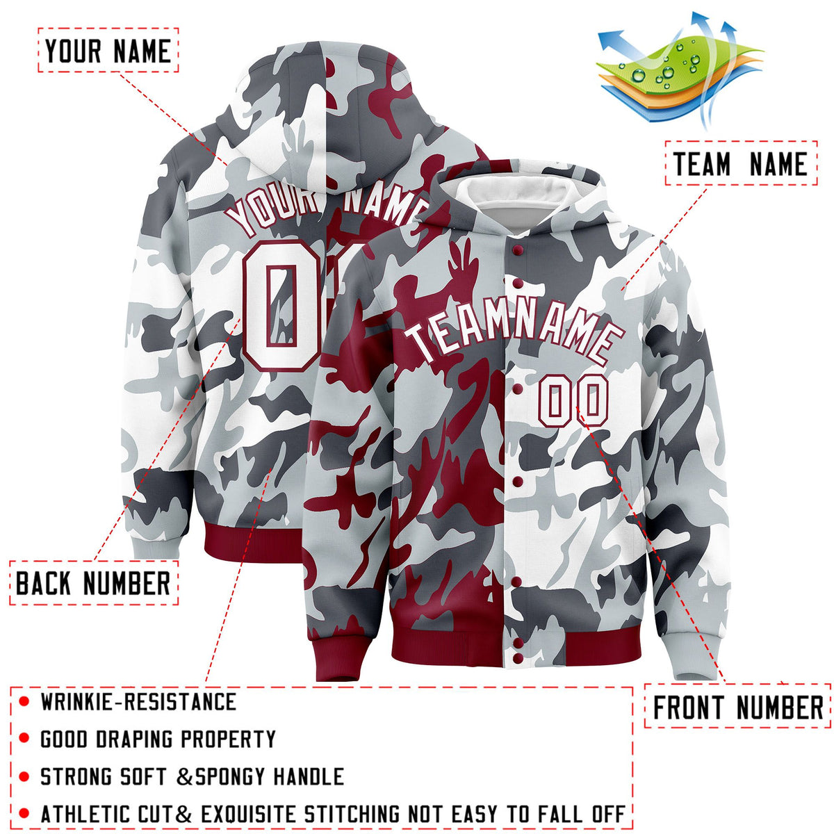 Custom Crimson Silver Full-Snap Varsity Two Tone Personalized Letterman Camo Jacket Hoodie| KXKSHOP