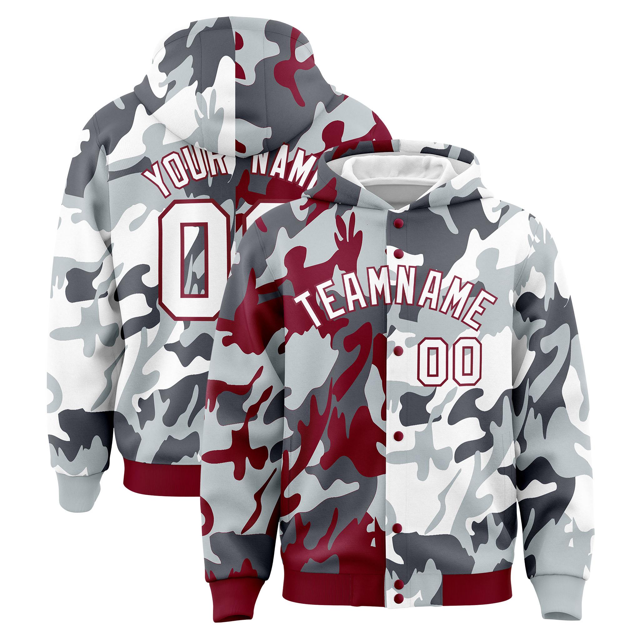 Custom Crimson Silver Full-Snap Varsity Two Tone Personalized Letterman Camo Jacket Hoodie| KXKSHOP
