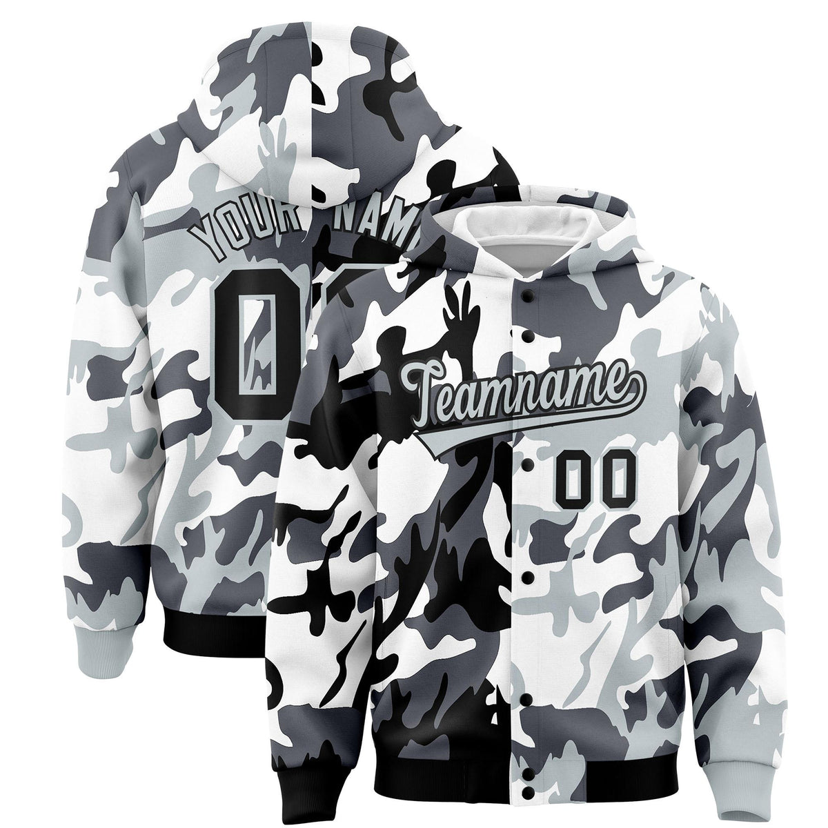 Custom Black Silver Full-Snap Varsity Two Tone Personalized Letterman Camo Jacket Hoodie| KXKSHOP