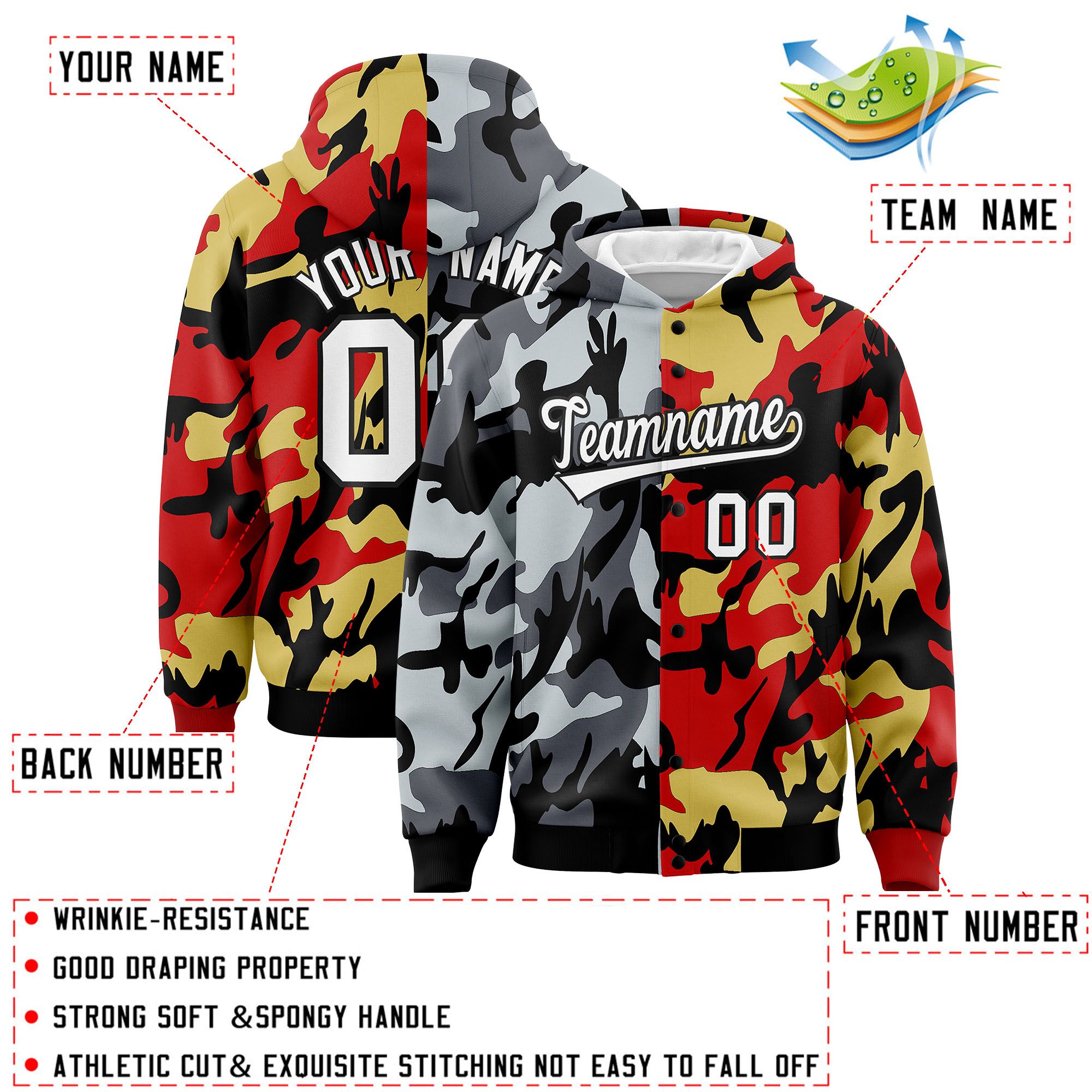 Custom Black Red Full-Snap Varsity Two Tone Personalized Letterman Camo Jacket Hoodie| KXKSHOP