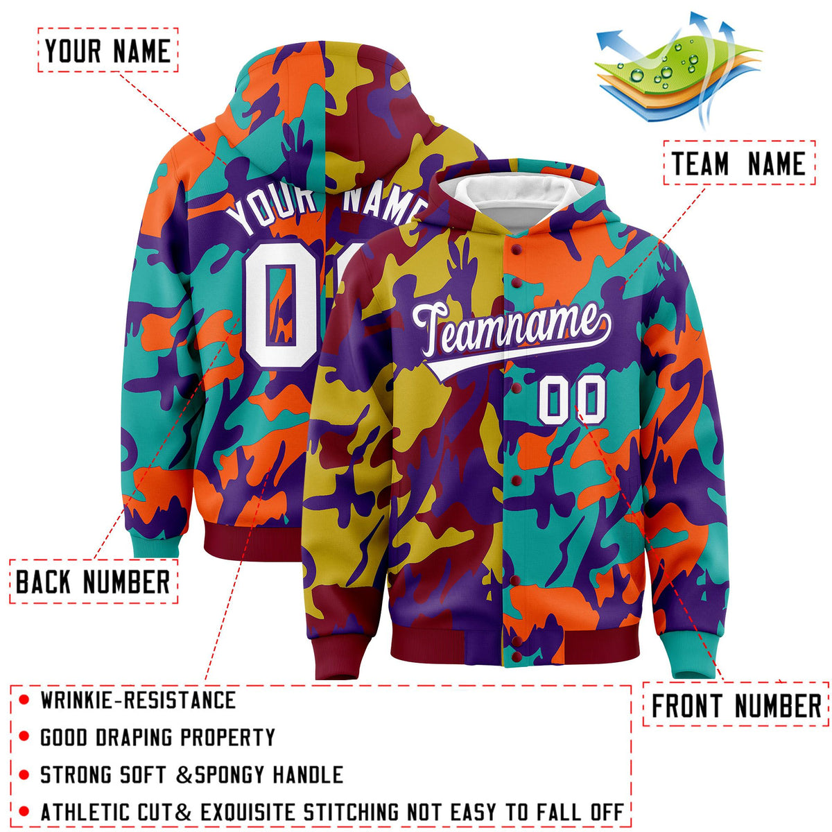 Custom Crimson Aqua Full-Snap Varsity Two Tone Personalized Letterman Camo Jacket Hoodie| KXKSHOP