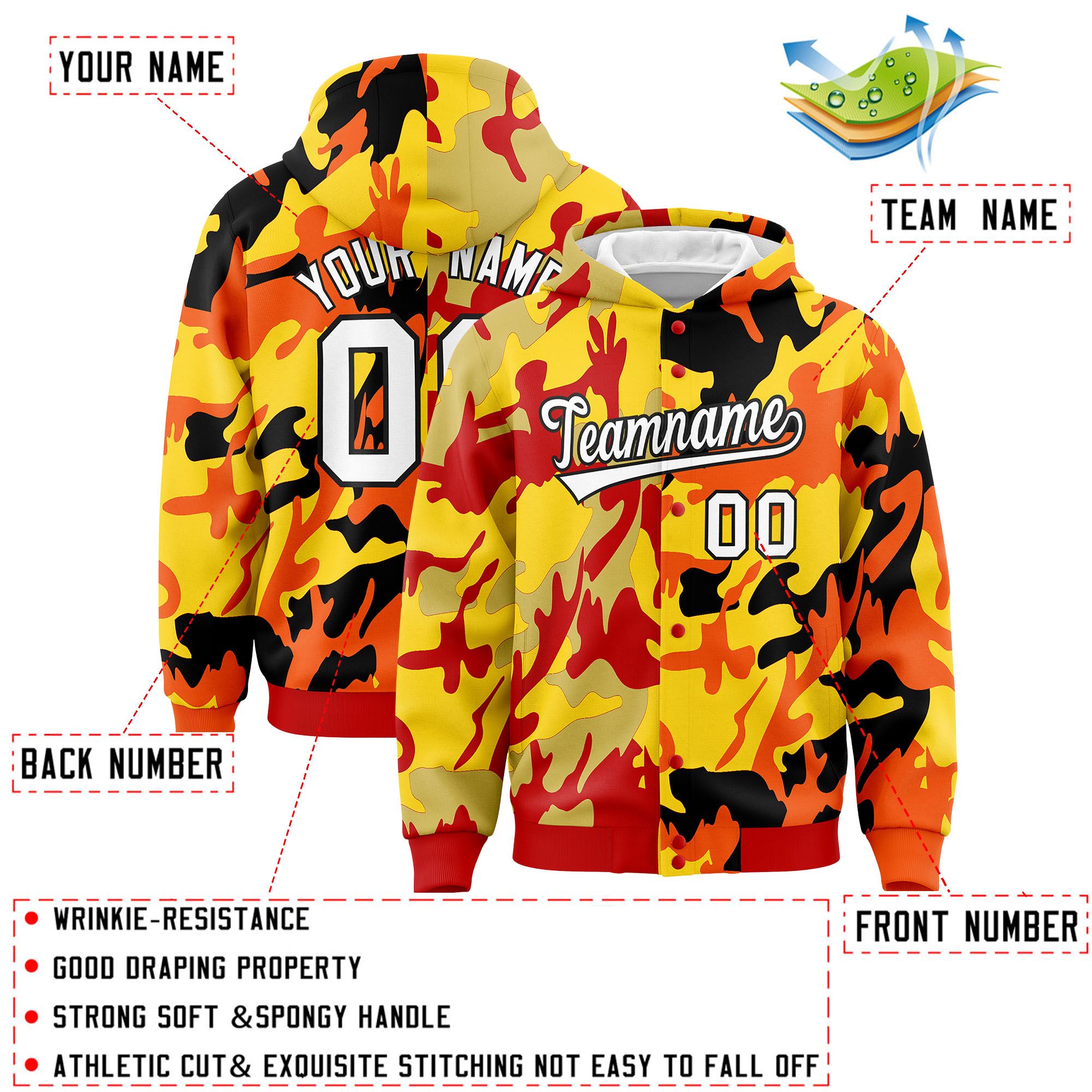 Custom Red Orange Full-Snap Varsity Two Tone Personalized Letterman Camo Jacket Hoodie| KXKSHOP