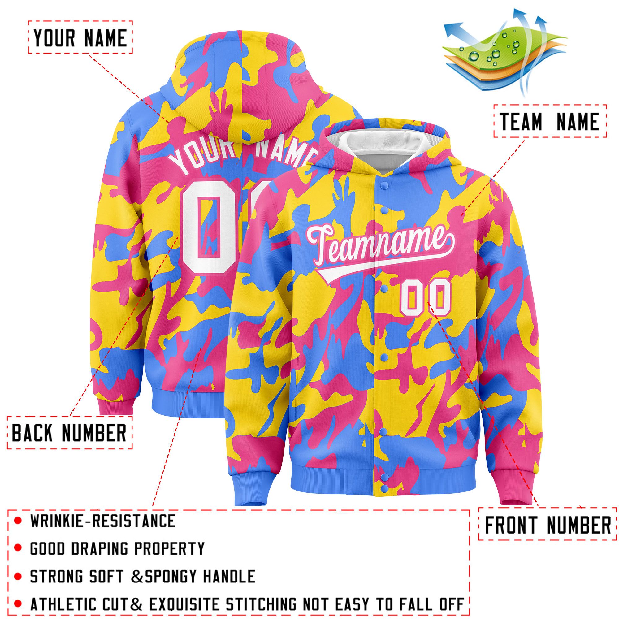 Custom Powder Blue Pink Full-Snap Varsity Two Tone Personalized Letterman Camo Jacket Hoodie| KXKSHOP