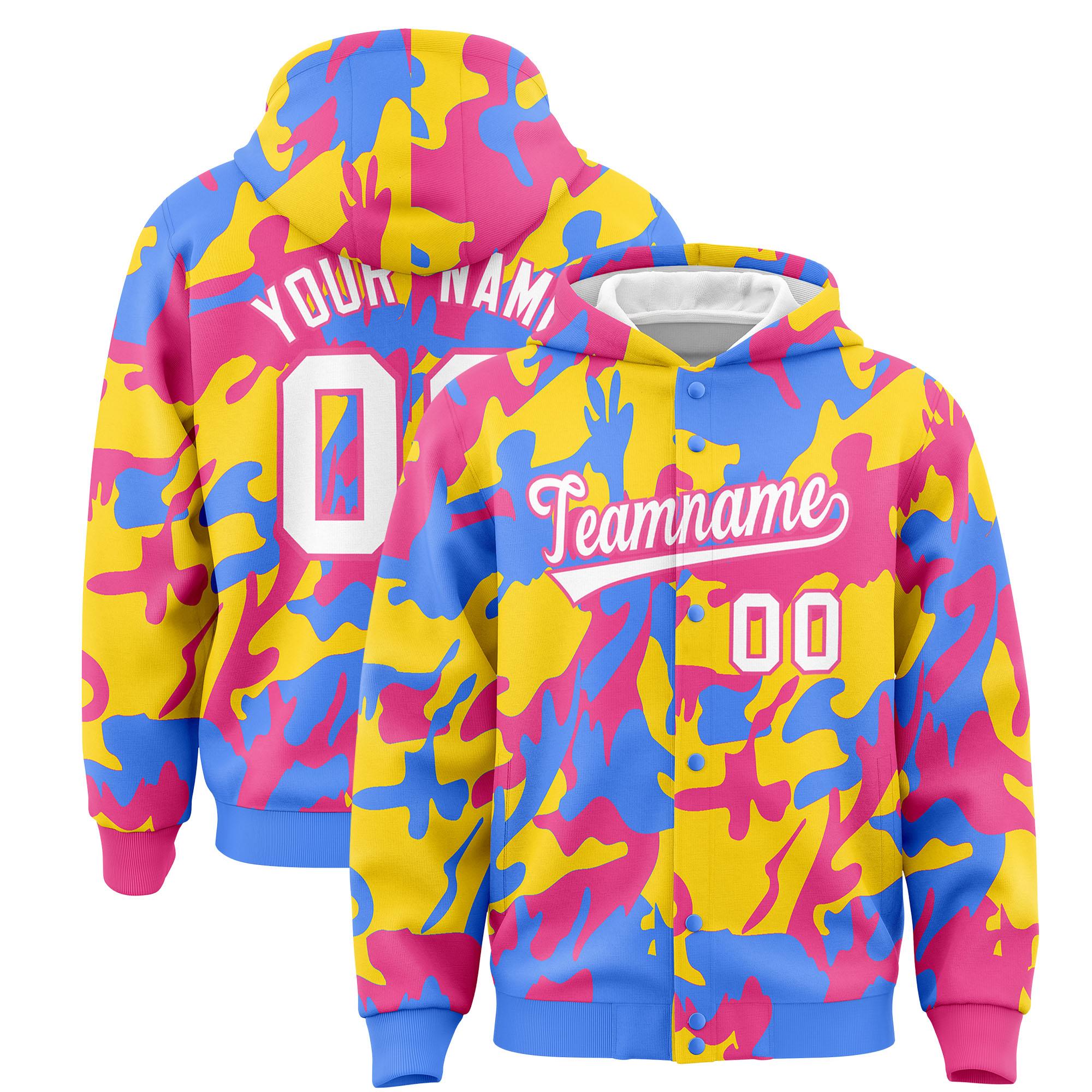 Custom Powder Blue Pink Full-Snap Varsity Two Tone Personalized Letterman Camo Jacket Hoodie| KXKSHOP