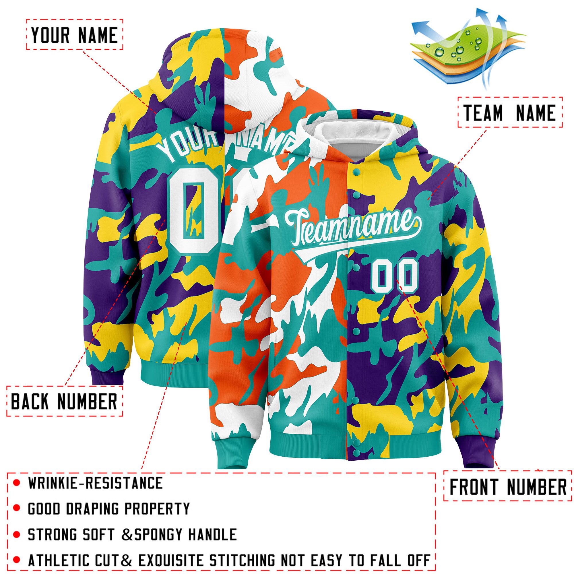 Custom Aqua Purple Full-Snap Varsity Two Tone Personalized Letterman Camo Jacket Hoodie| KXKSHOP