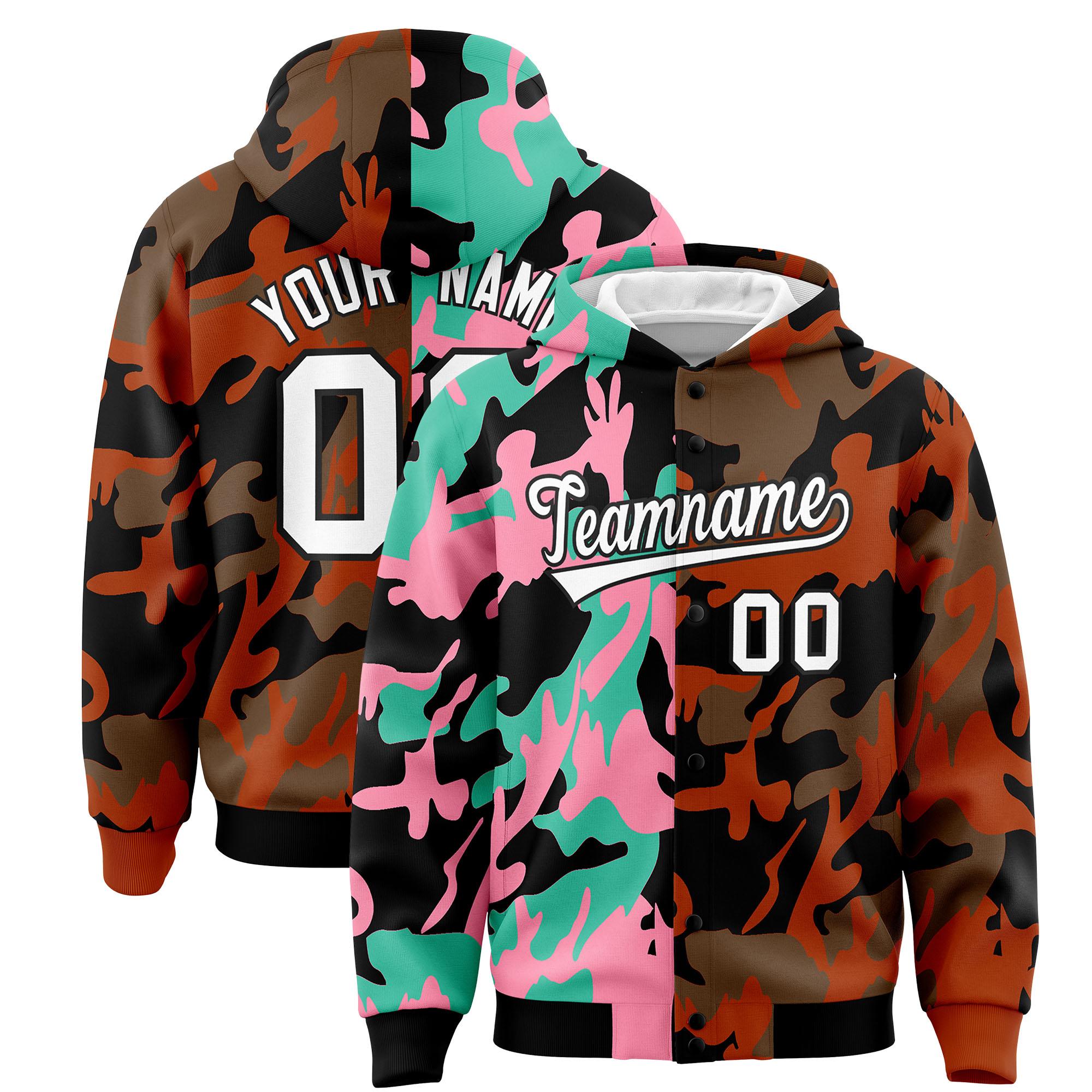 Custom Black Texas Orange Full-Snap Varsity Two Tone Personalized Letterman Camo Jacket Hoodie| KXKSHOP