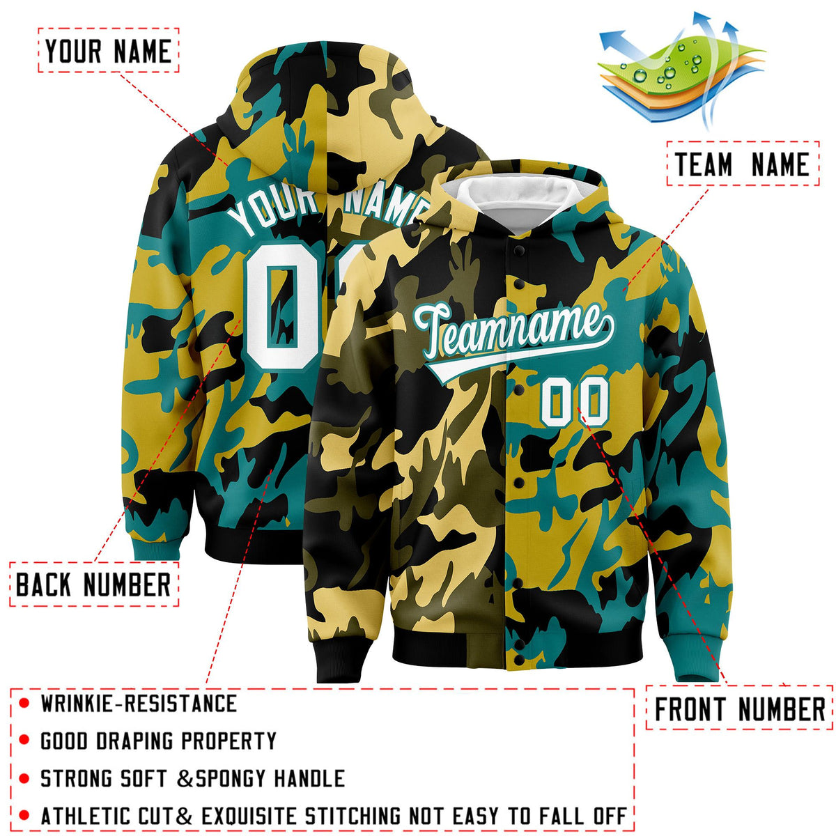 Custom Black Aqua Full-Snap Varsity Two Tone Personalized Letterman Camo Jacket Hoodie| KXKSHOP