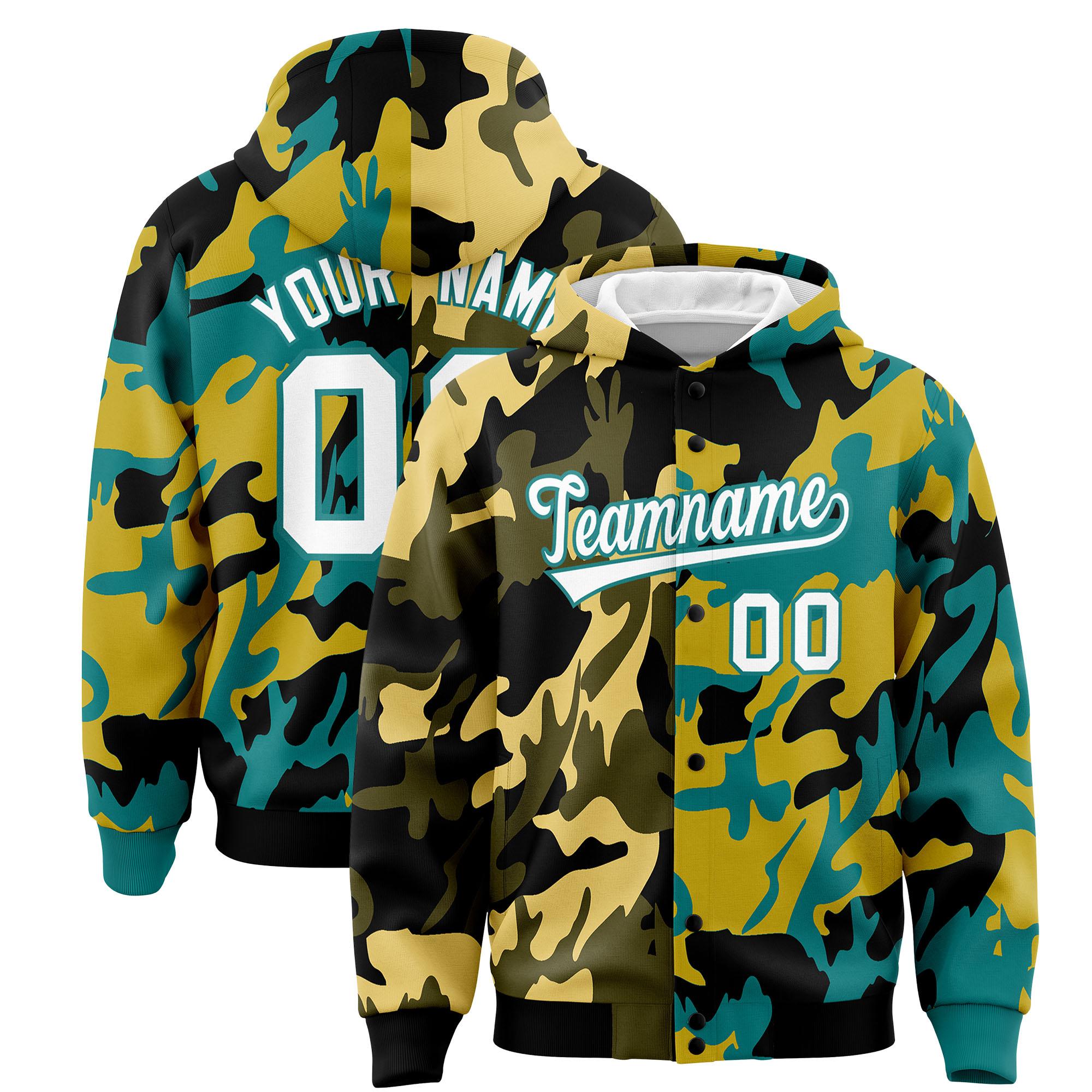 Custom Black Aqua Full-Snap Varsity Two Tone Personalized Letterman Camo Jacket Hoodie| KXKSHOP