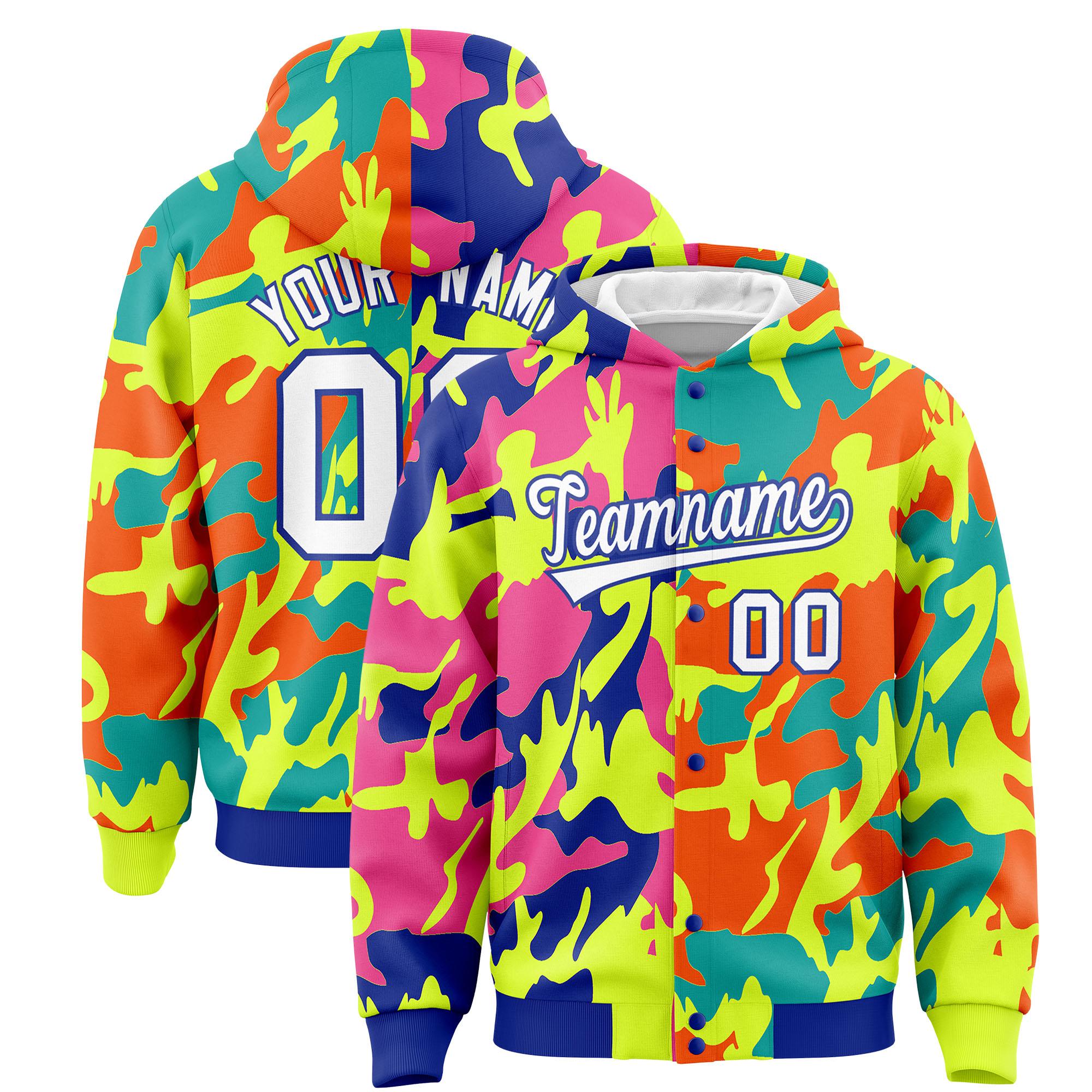 Custom Royal Green Full-Snap Varsity Two Tone Personalized Letterman Camo Jacket Hoodie| KXKSHOP