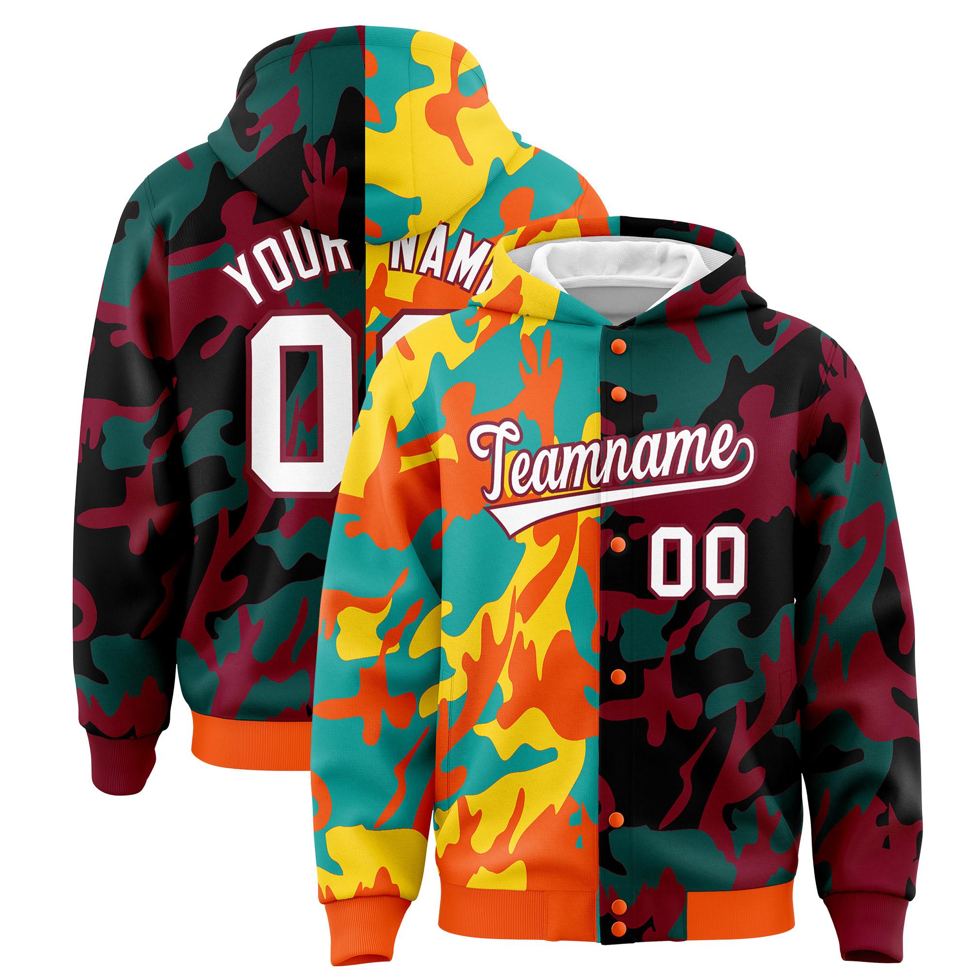 Custom Orange Crimson Full-Snap Varsity Two Tone Personalized Letterman Camo Jacket Hoodie| KXKSHOP