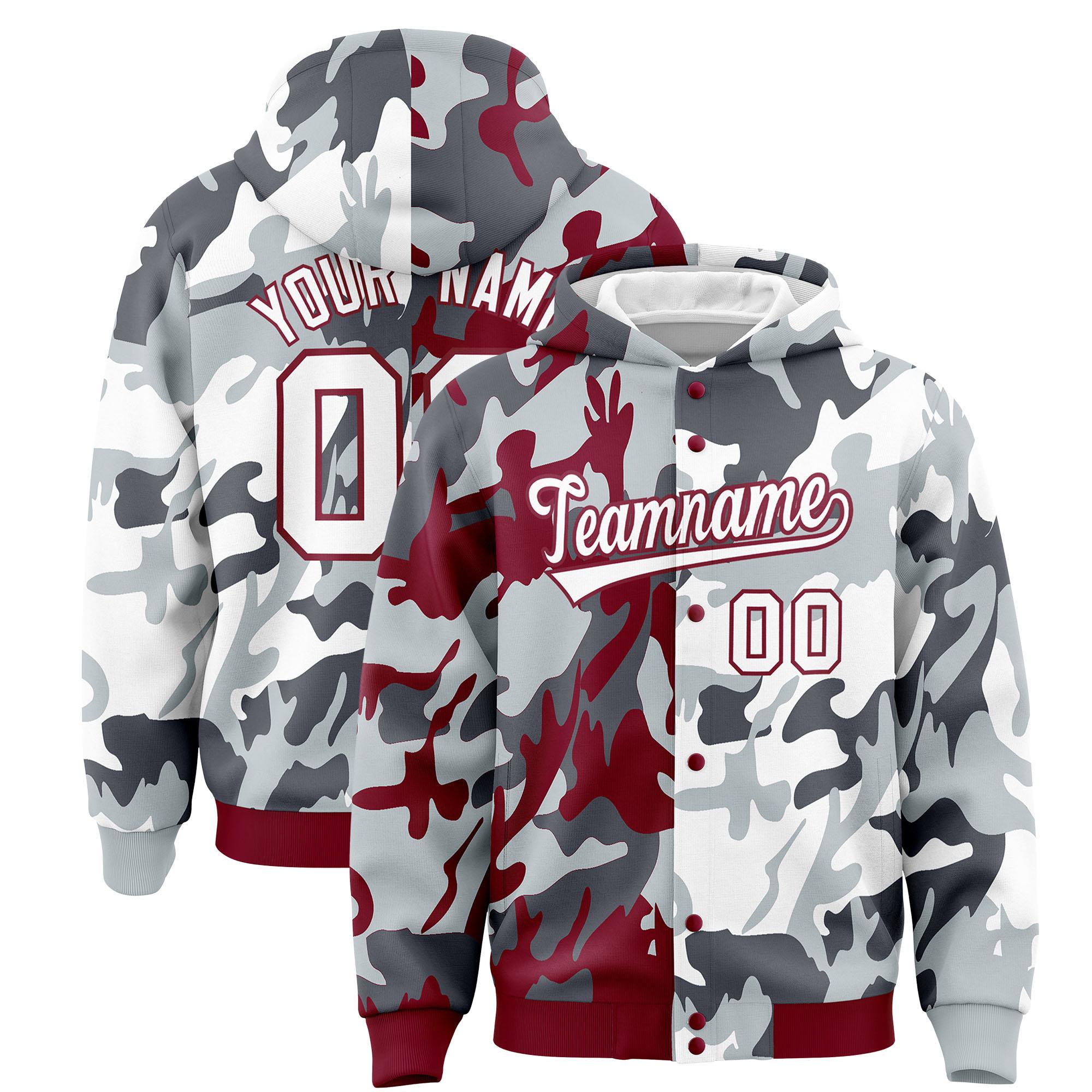 Custom Crimson Silver Full-Snap Varsity Two Tone Personalized Letterman Camo Jacket Hoodie| KXKSHOP