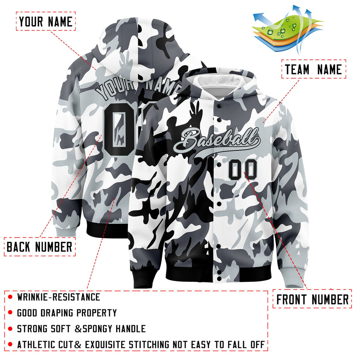 Custom Black Silver Full-Snap Varsity Two Tone Personalized Letterman Camo Jacket Hoodie| KXKSHOP