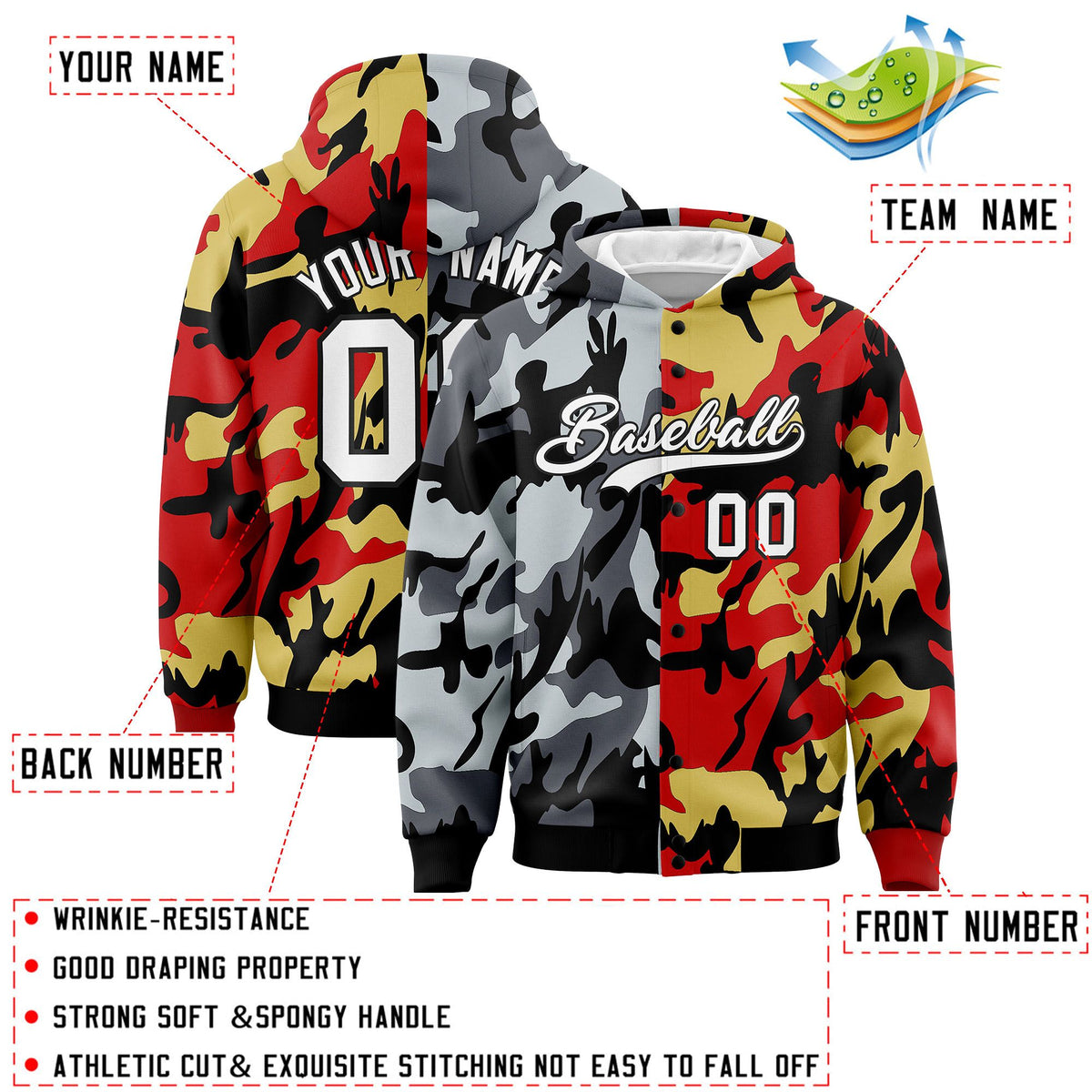 Custom Black Red Full-Snap Varsity Two Tone Personalized Letterman Camo Jacket Hoodie| KXKSHOP