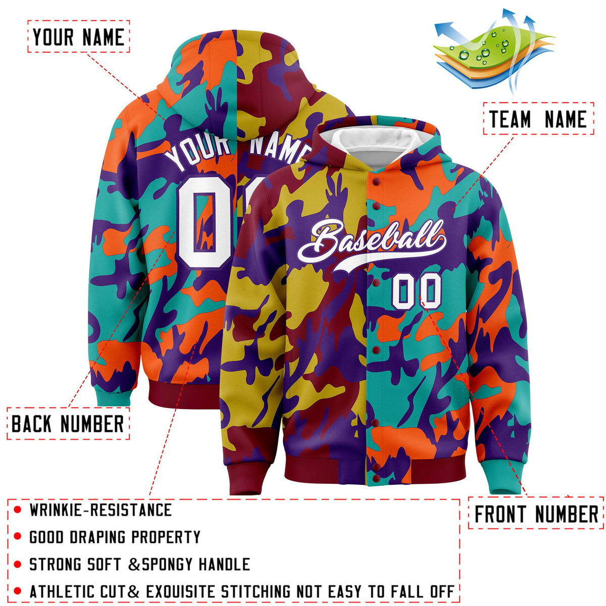 Custom Crimson Aqua Full-Snap Varsity Two Tone Personalized Letterman Camo Jacket Hoodie| KXKSHOP