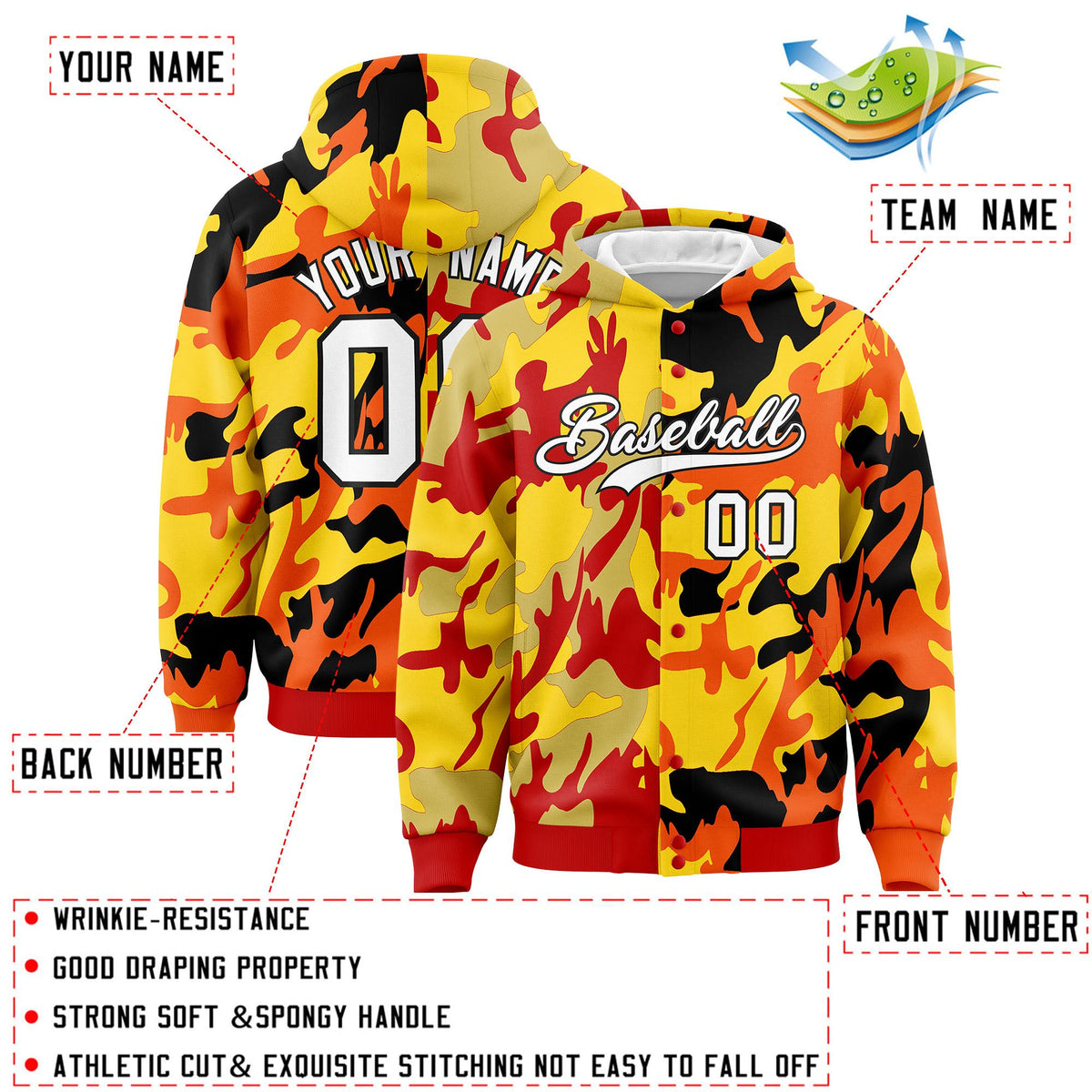 Custom Red Orange Full-Snap Varsity Two Tone Personalized Letterman Camo Jacket Hoodie| KXKSHOP