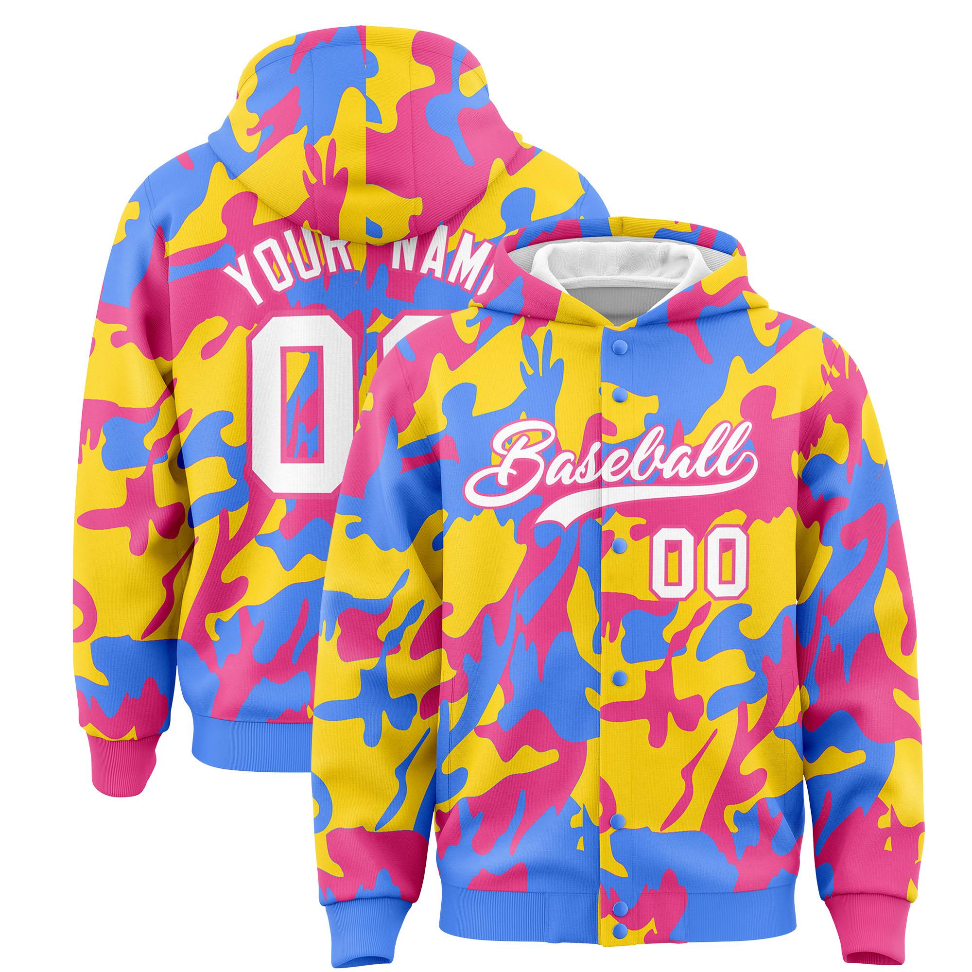 Custom Powder Blue Pink Full-Snap Varsity Two Tone Personalized Letterman Camo Jacket Hoodie| KXKSHOP